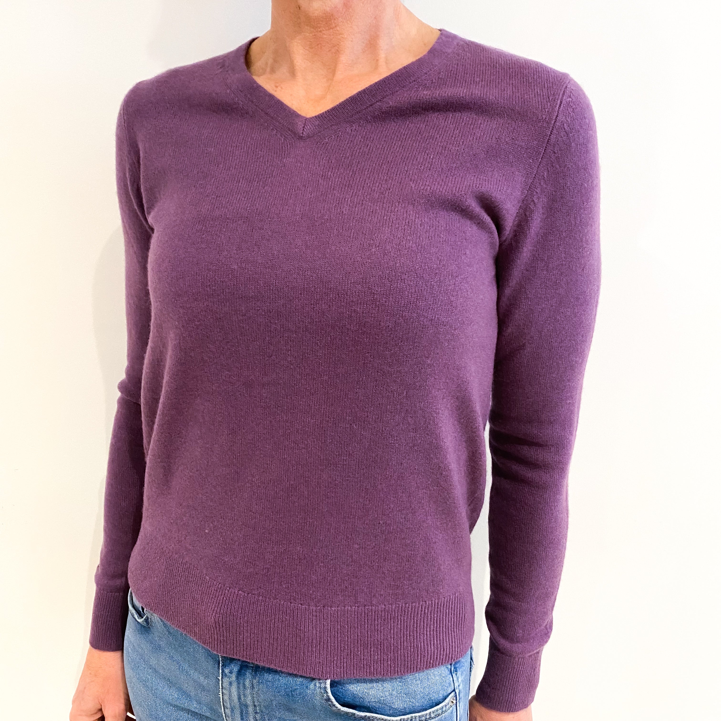 Heather Purple Cashmere V Neck Jumper Small