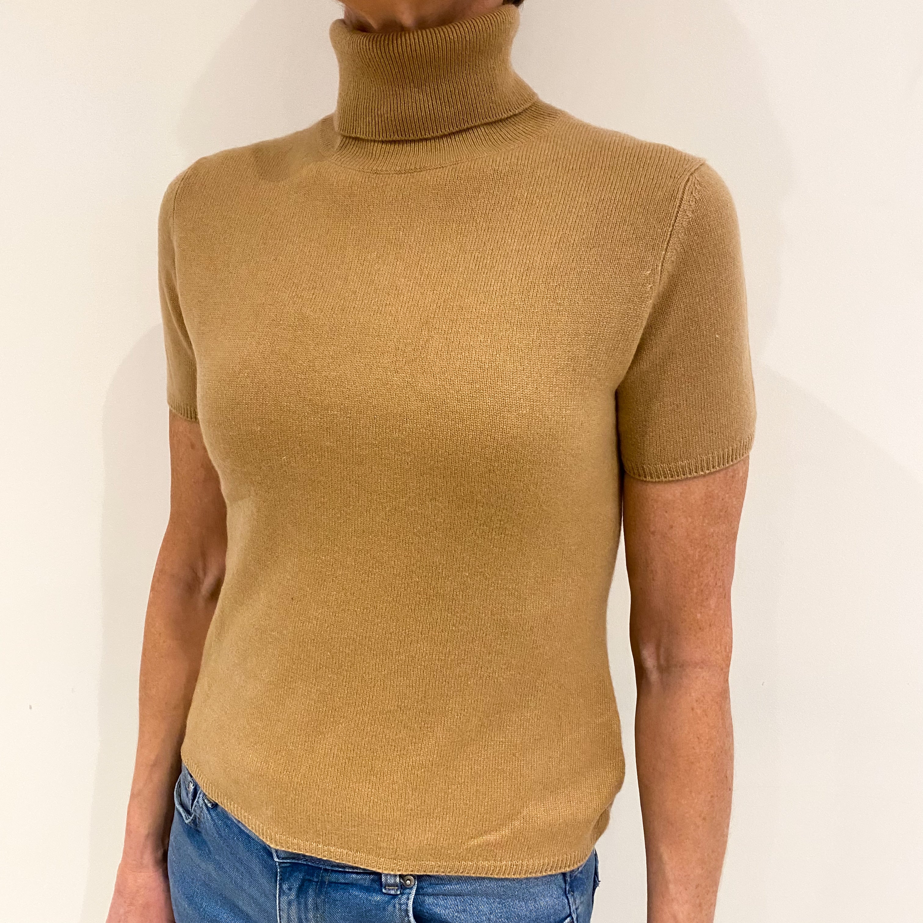 Caramel Brown Cashmere Short Sleeved Polo Neck Jumper Small