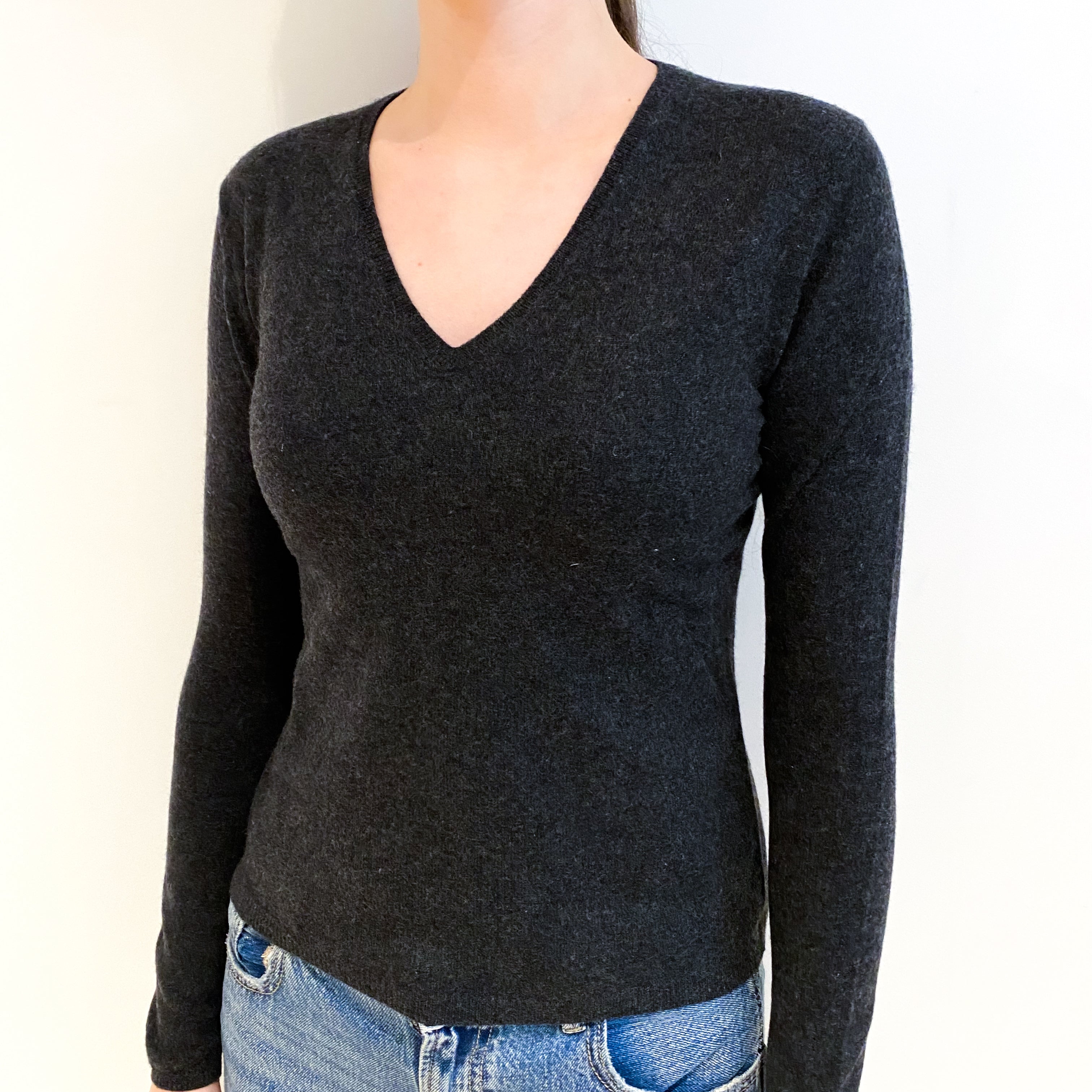 Charcoal Grey Cashmere V Neck Jumper Extra Small