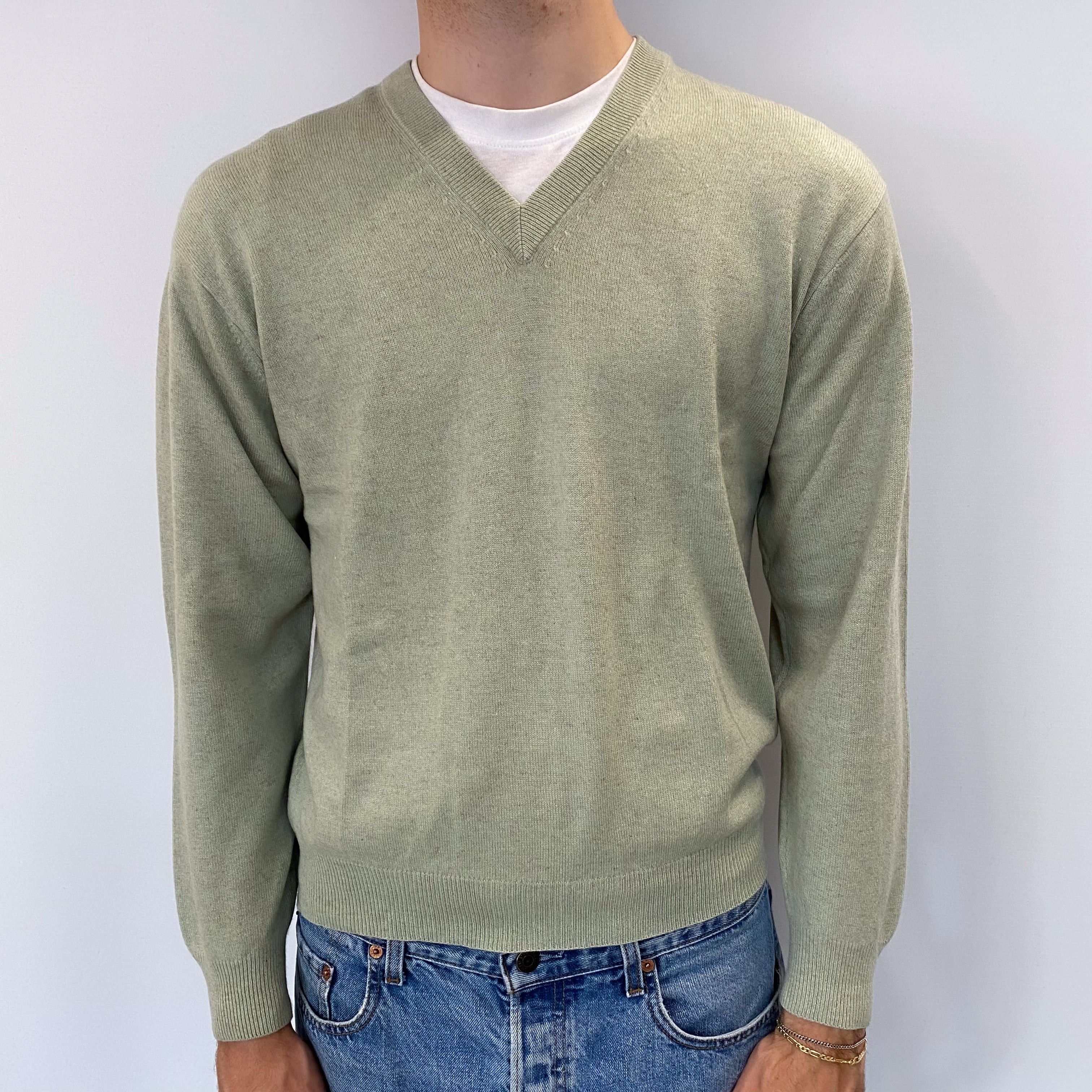 Men's Pickle Green Marl Cashmere V Neck Jumper Medium