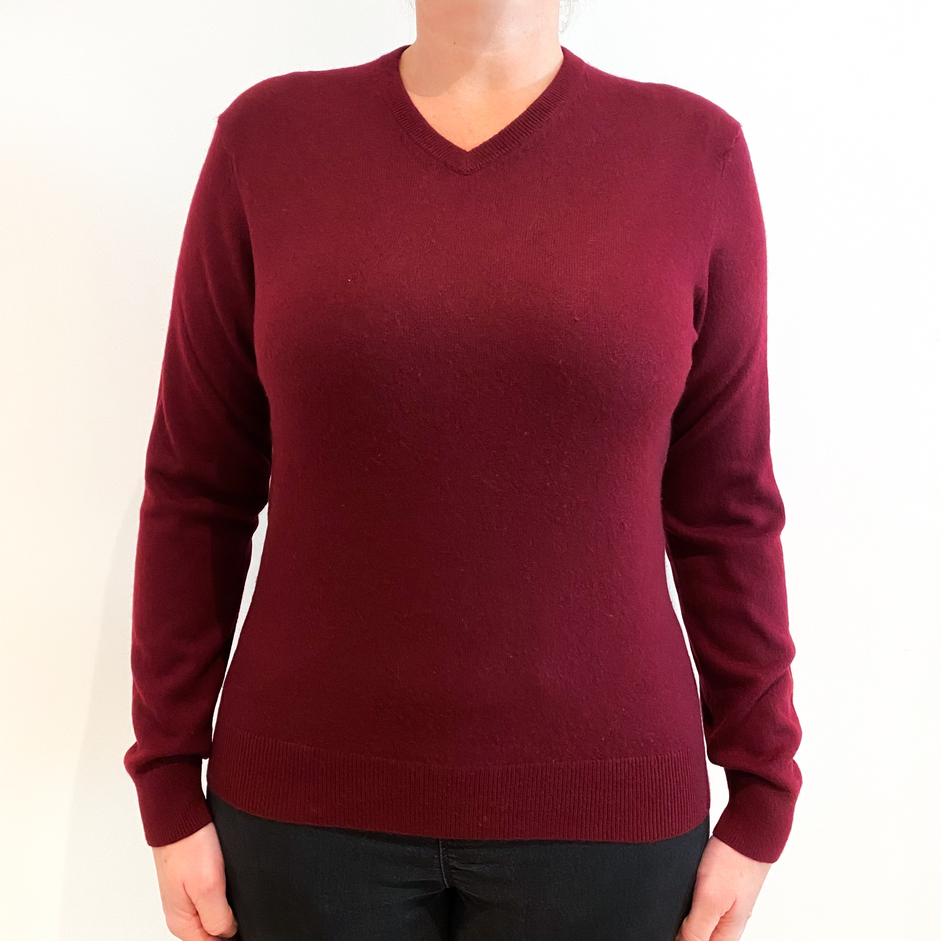 Wine Red Cashmere V-Neck Jumper Large