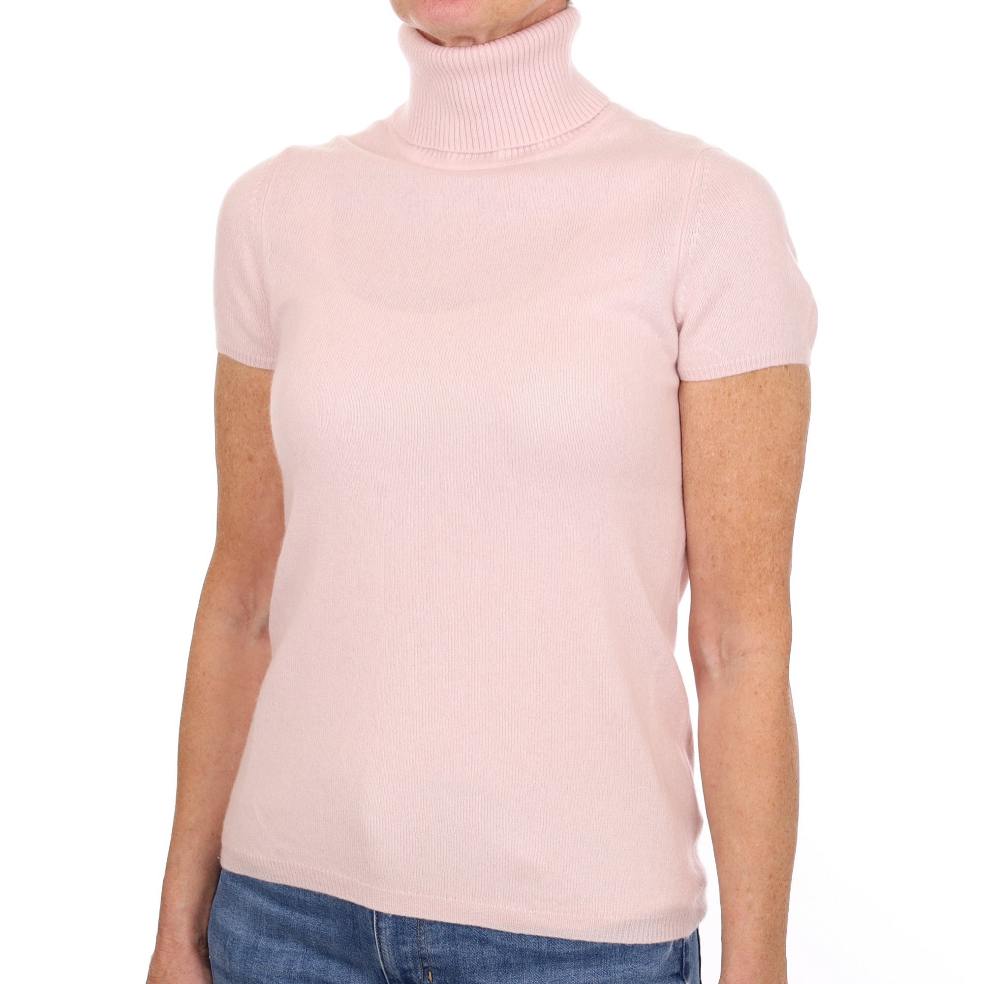 Ice Pink Cashmere Polo Neck Short Sleeved Jumper Small