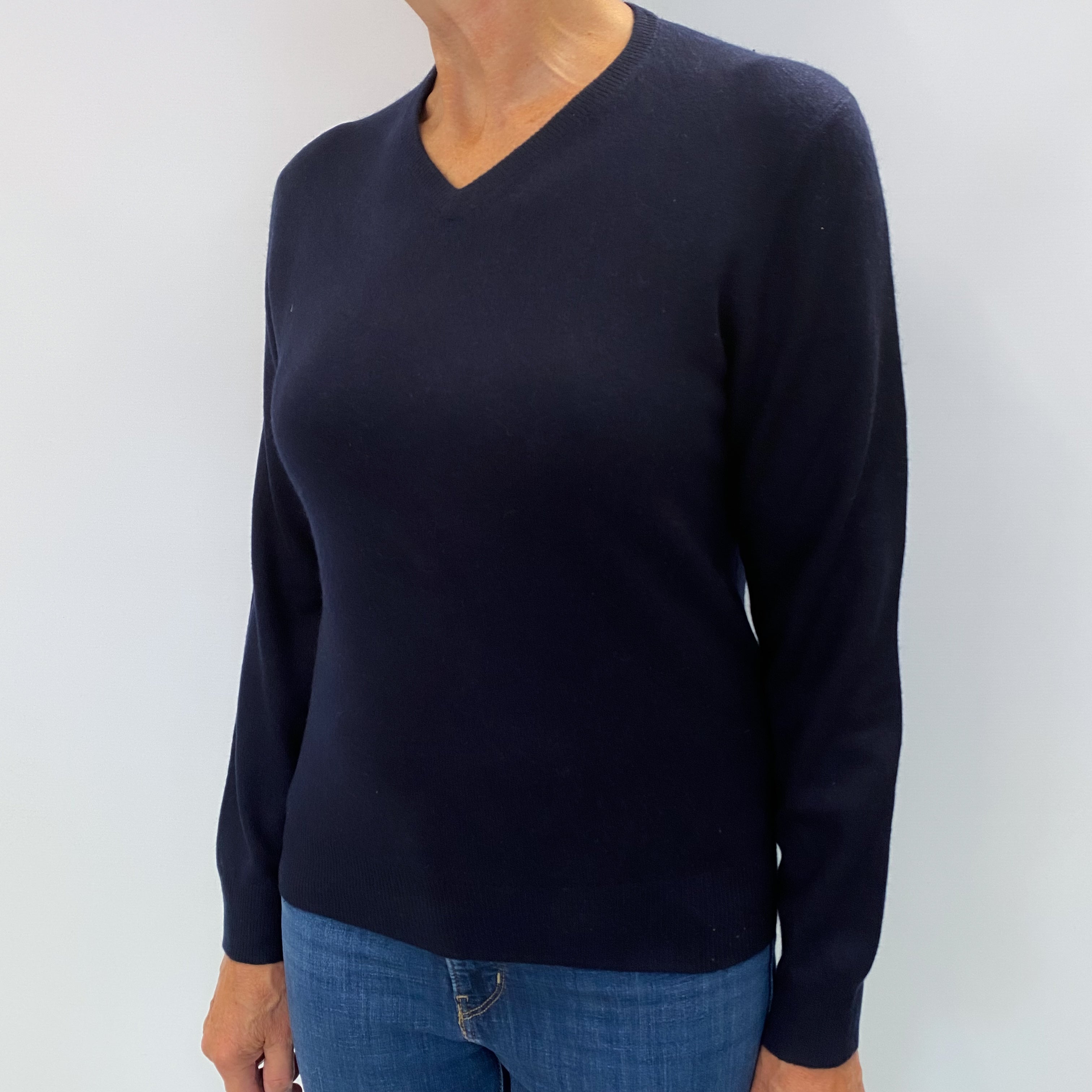 Navy Cashmere V Neck Jumper Medium