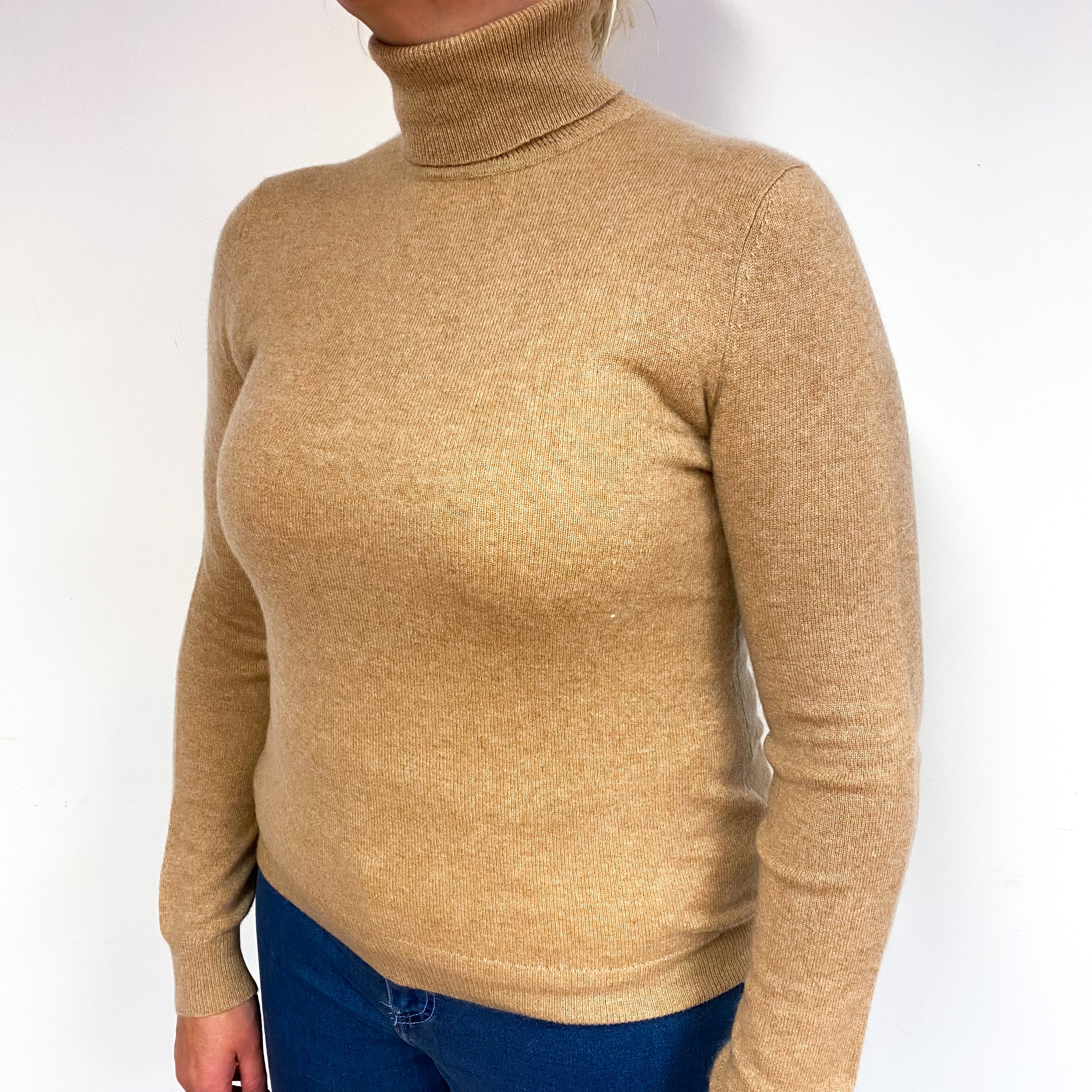 Caramel Brown Cashmere Polo Neck Jumper Large