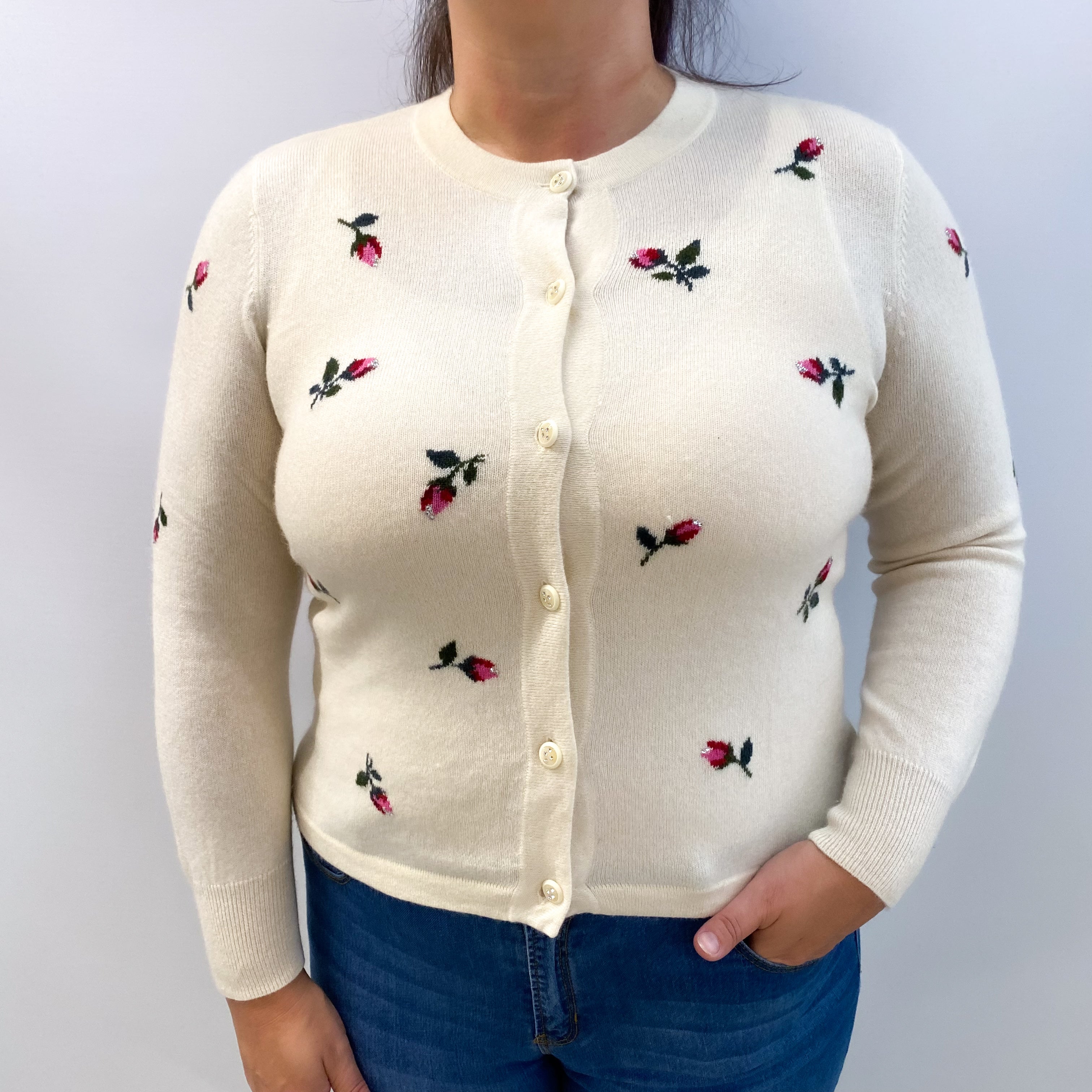 Vanilla Cream Floral Cashmere Cardigan Large