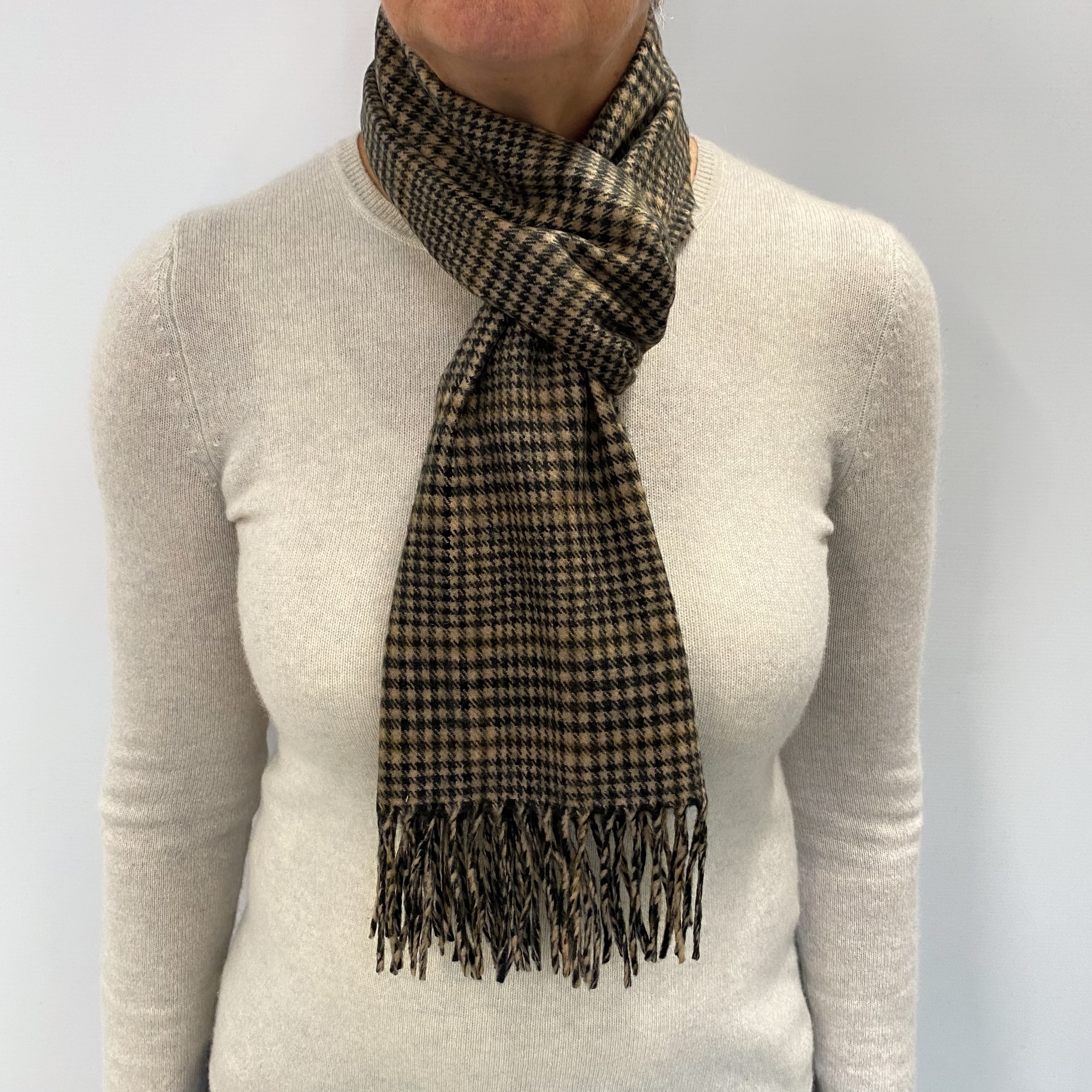 Black and Caramel Checked Cashmere Woven Fringed Scarf