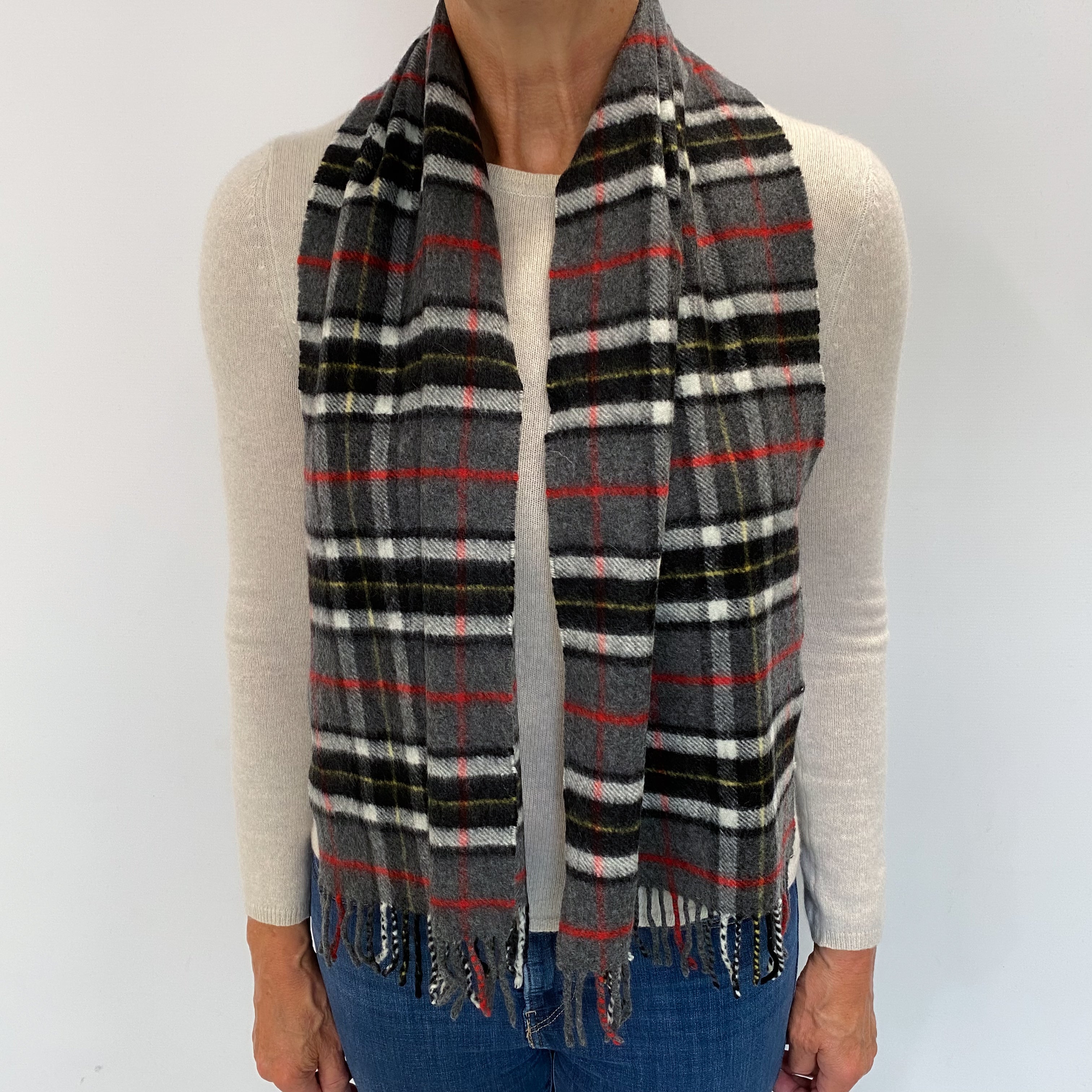 Scottish Grey and Red Checked Cashmere Woven Fringed Scarf