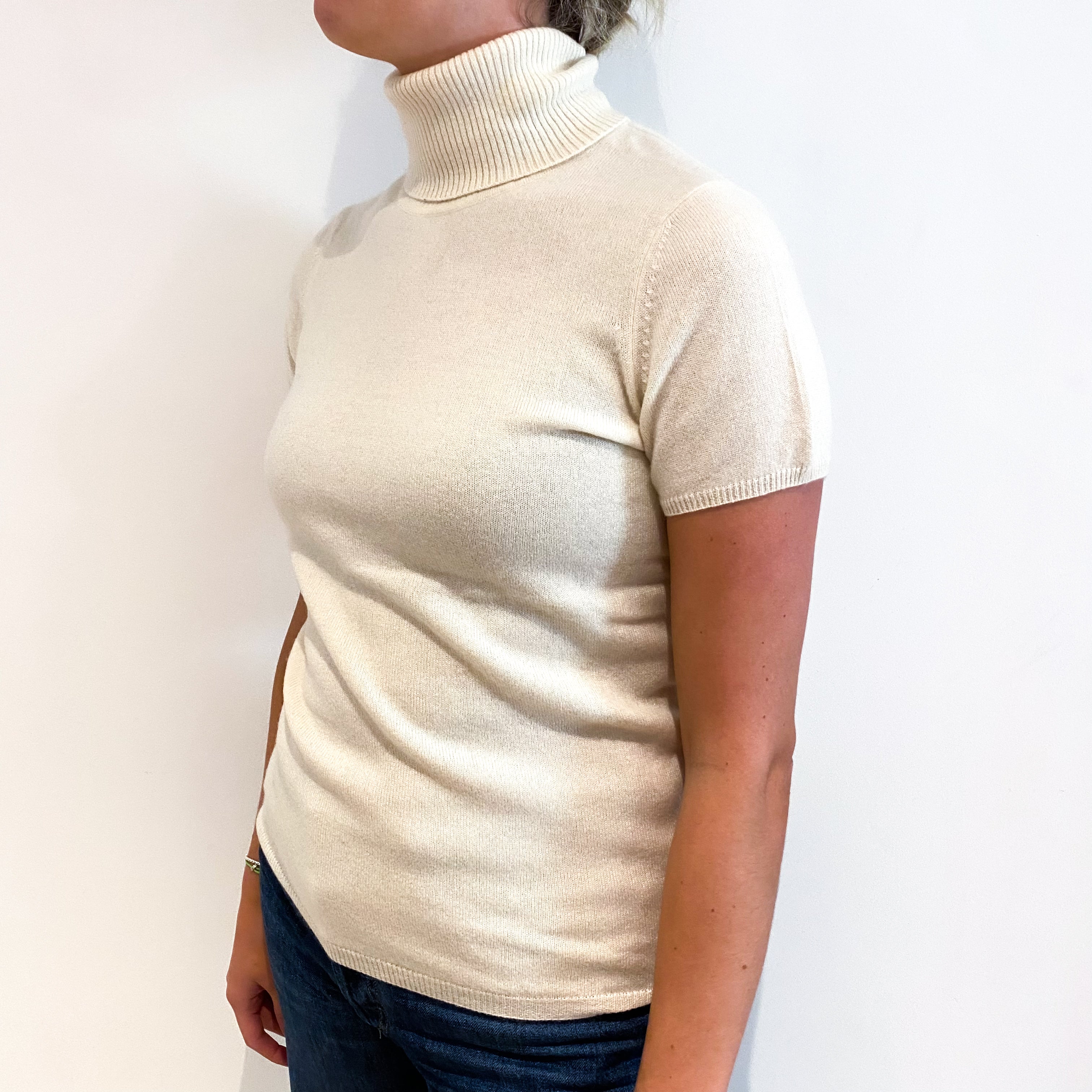 Ivory Cream Cashmere Short Sleeve Polo Neck Jumper Small