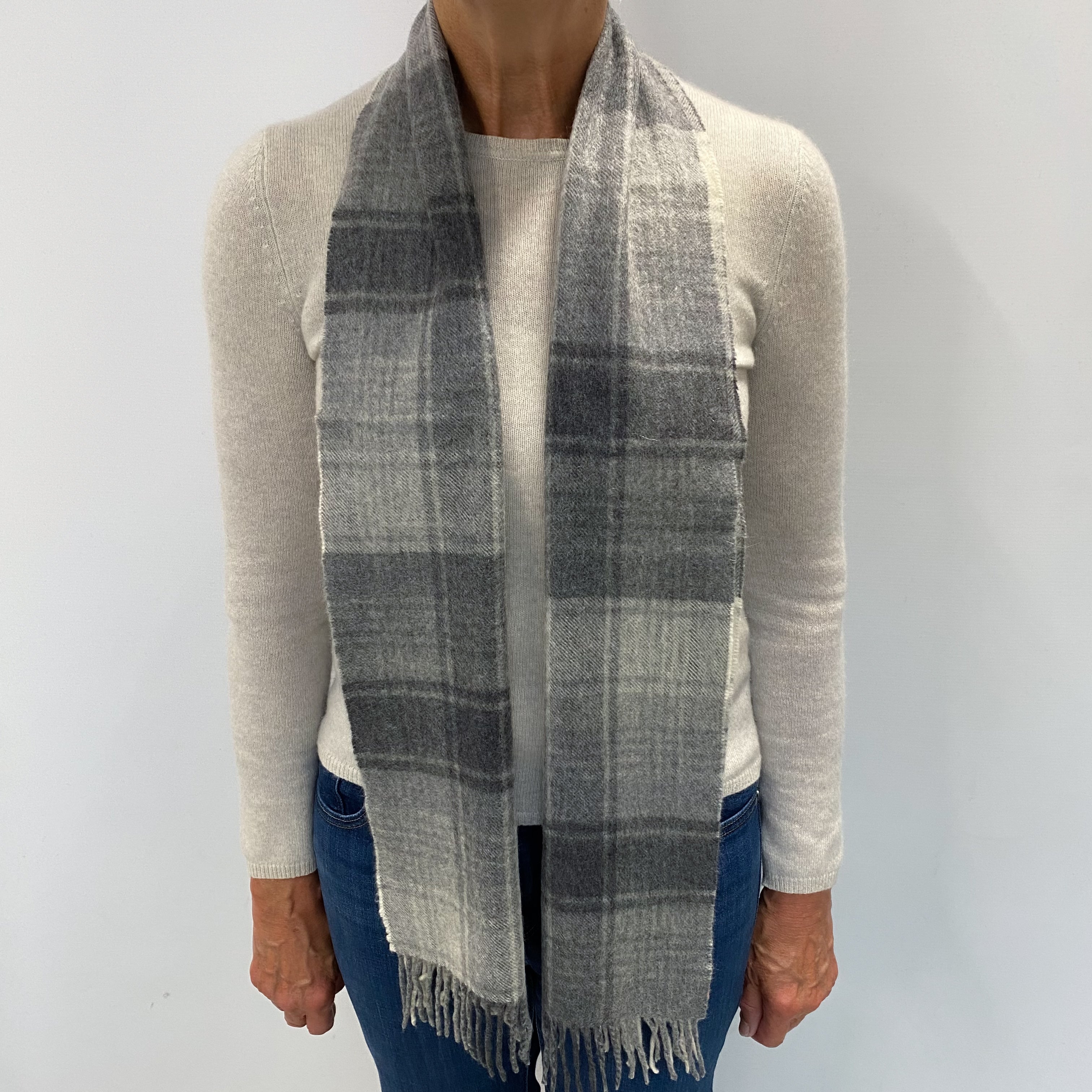 Grey Checked Cashmere Woven Fringed Scarf