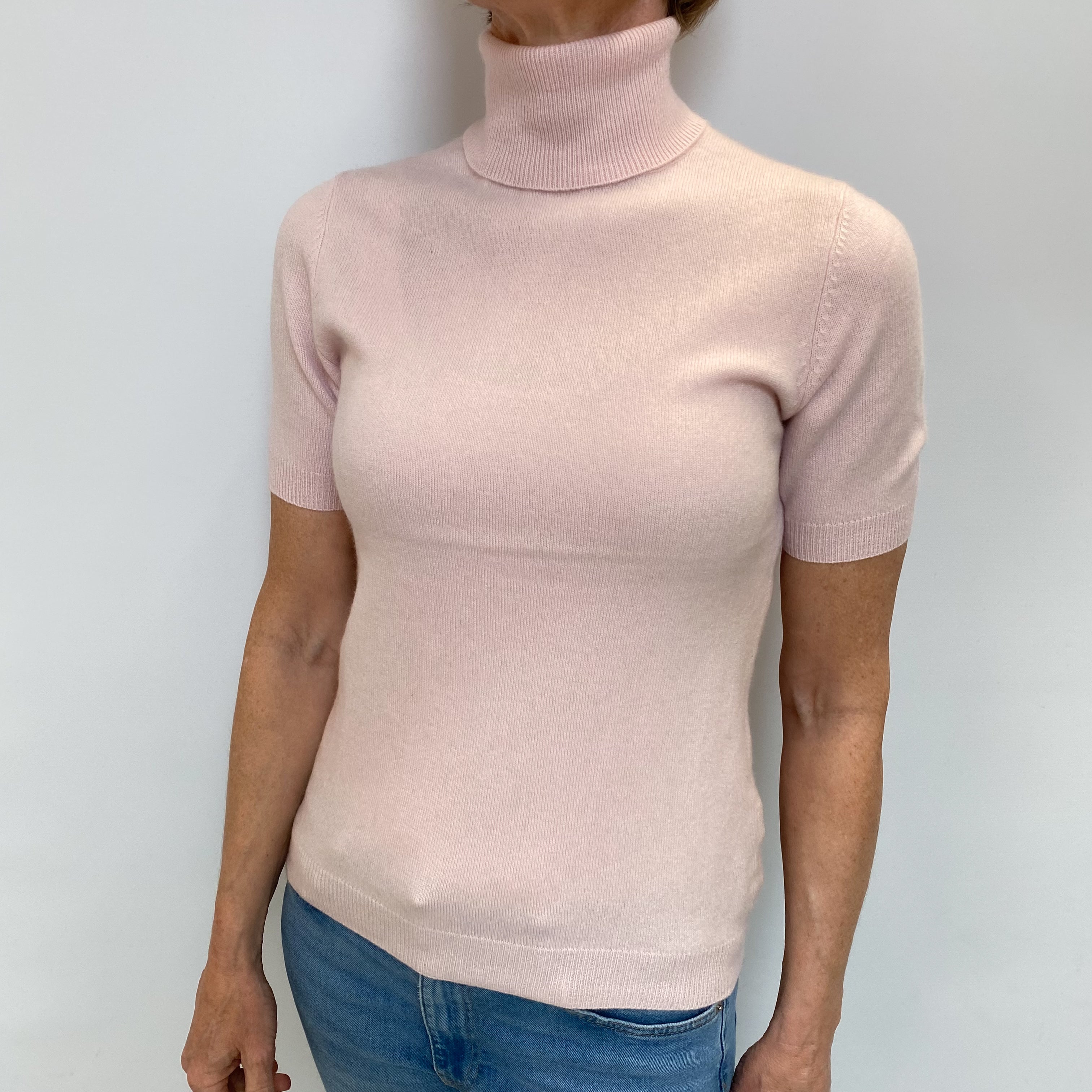 Ice Pink Cashmere Polo Neck Short Sleeved Jumper Small