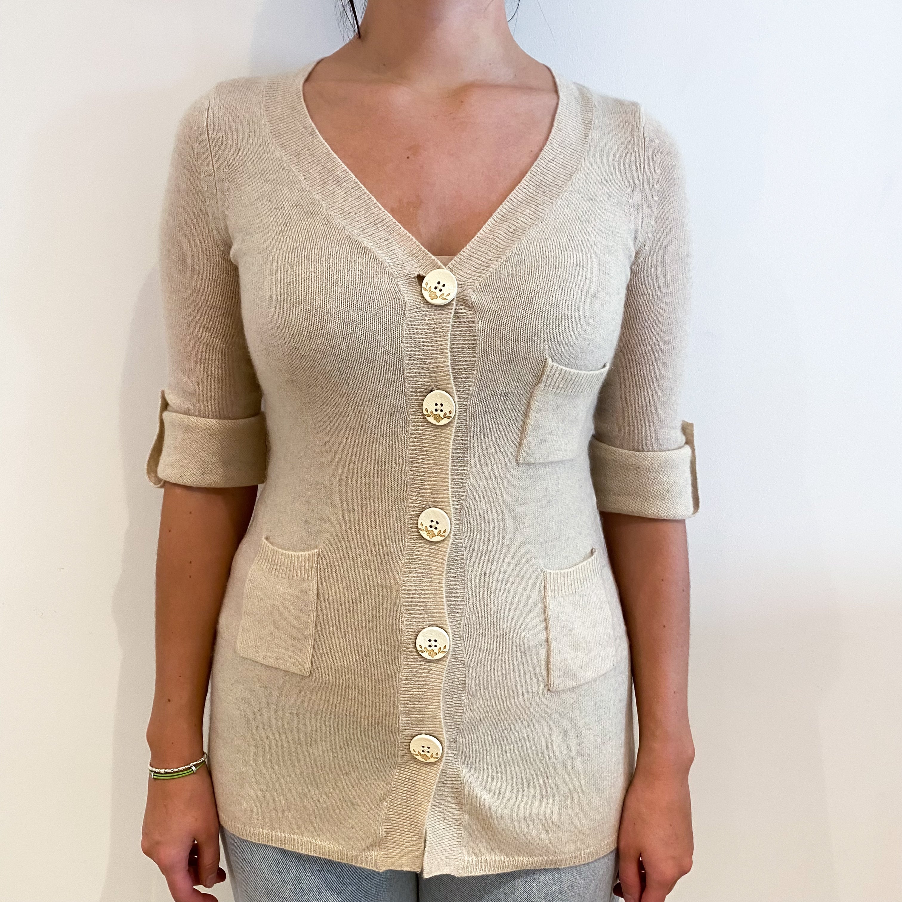 Pale Biscuit Cashmere Longline V Neck Cardigan Small