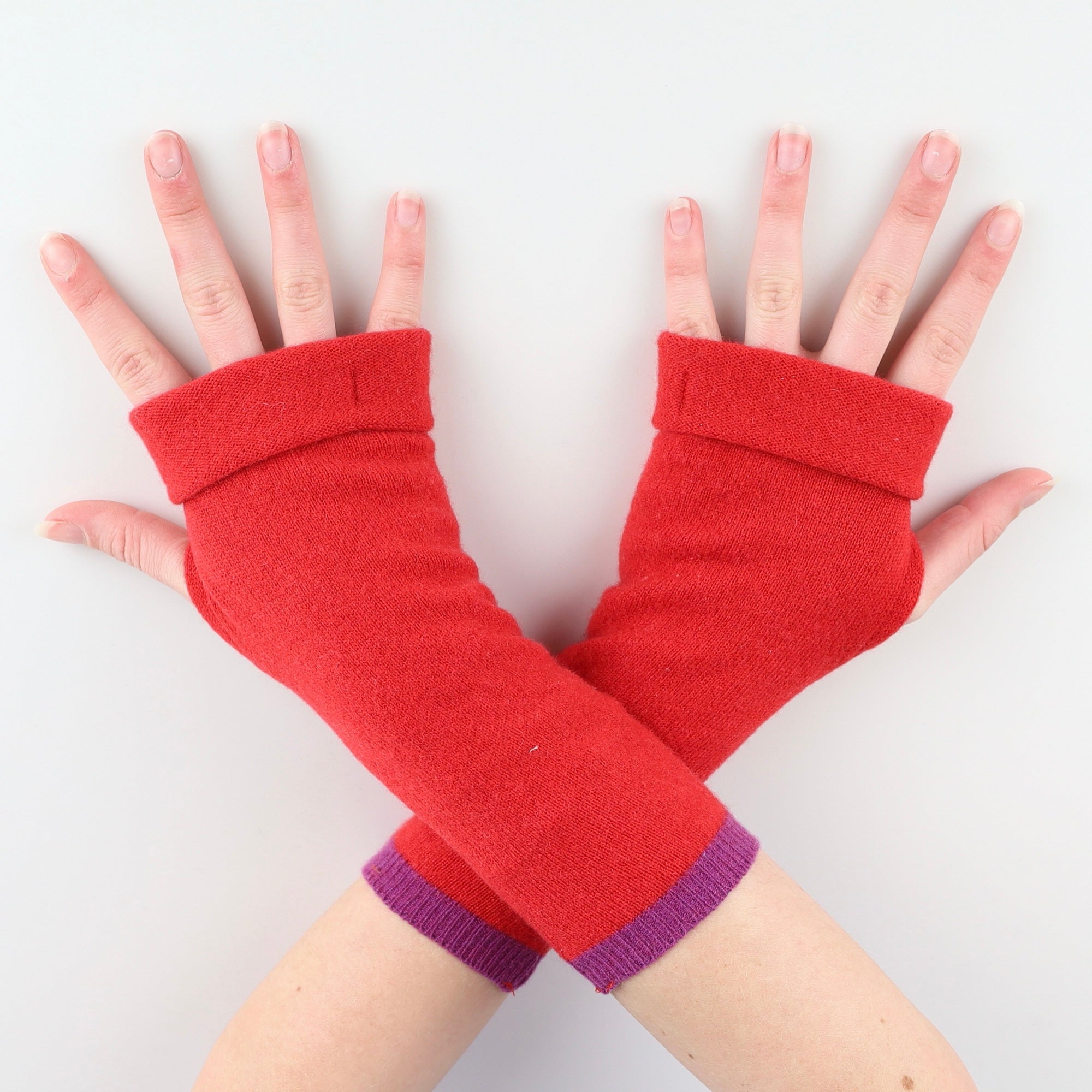 Post Box Red and Purple Striped Fingerless Gloves