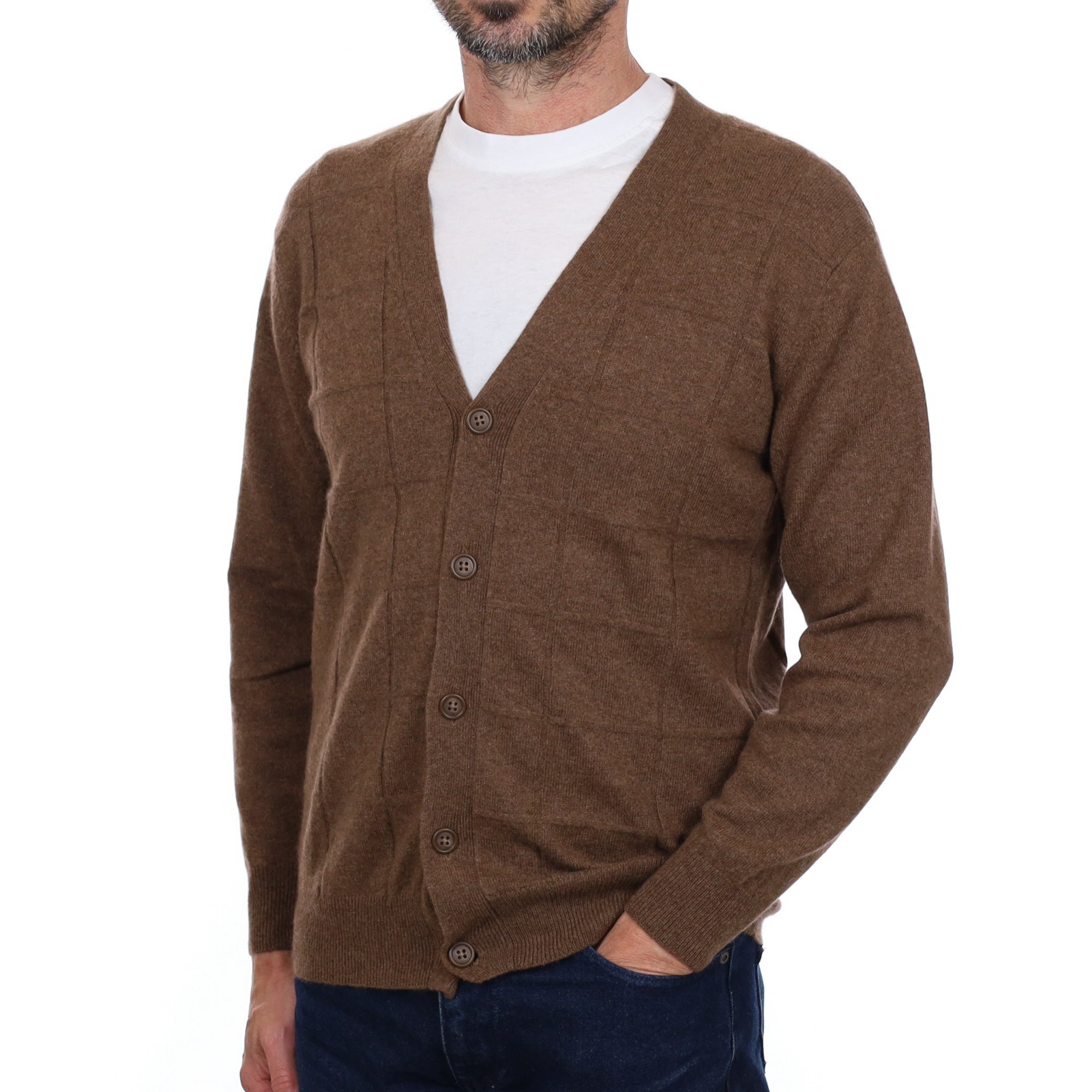 Men's Pecan Brown Cashmere V Neck Cardigan Small