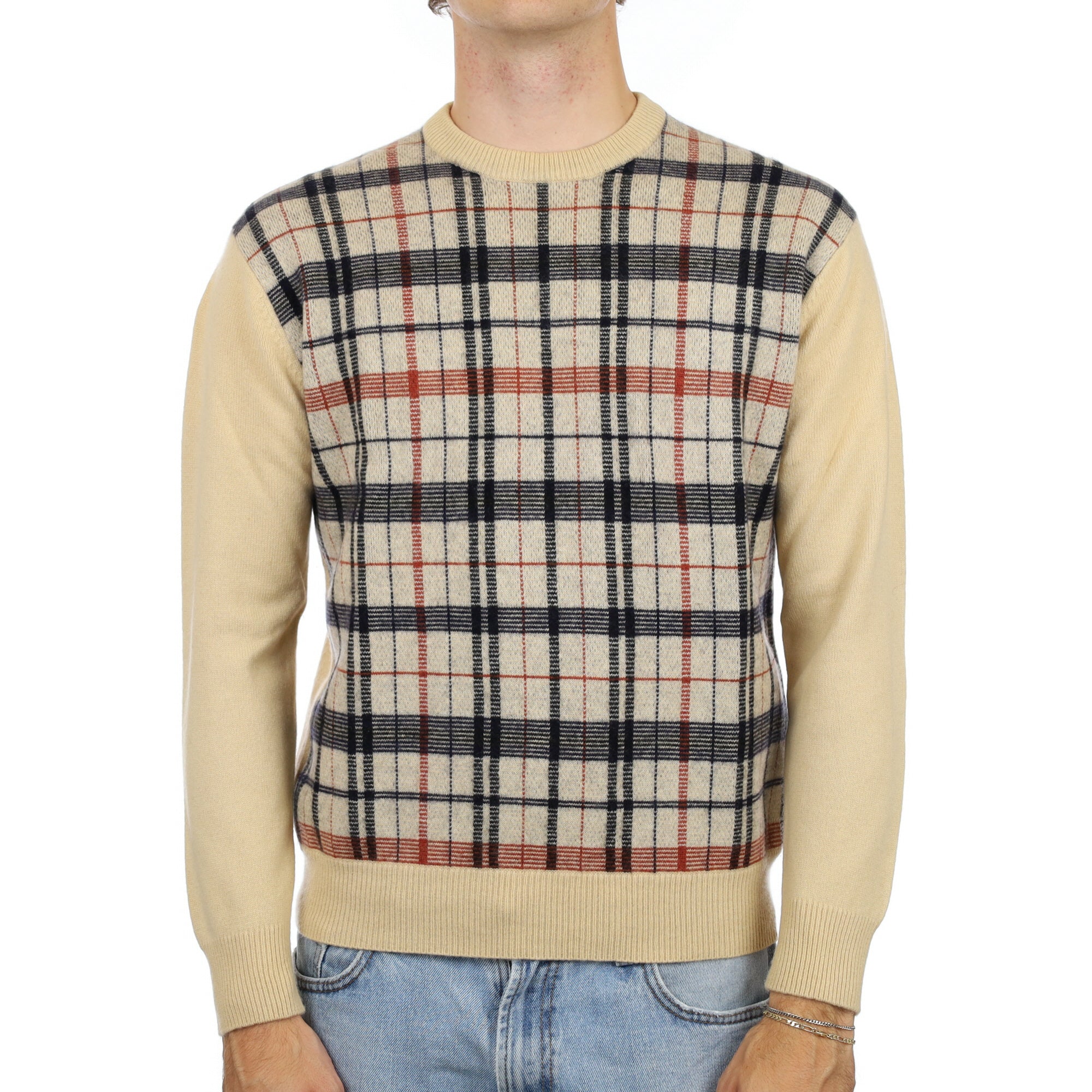 Men’s Sand Beige Tartan Cashmere Crew Neck Jumper Medium