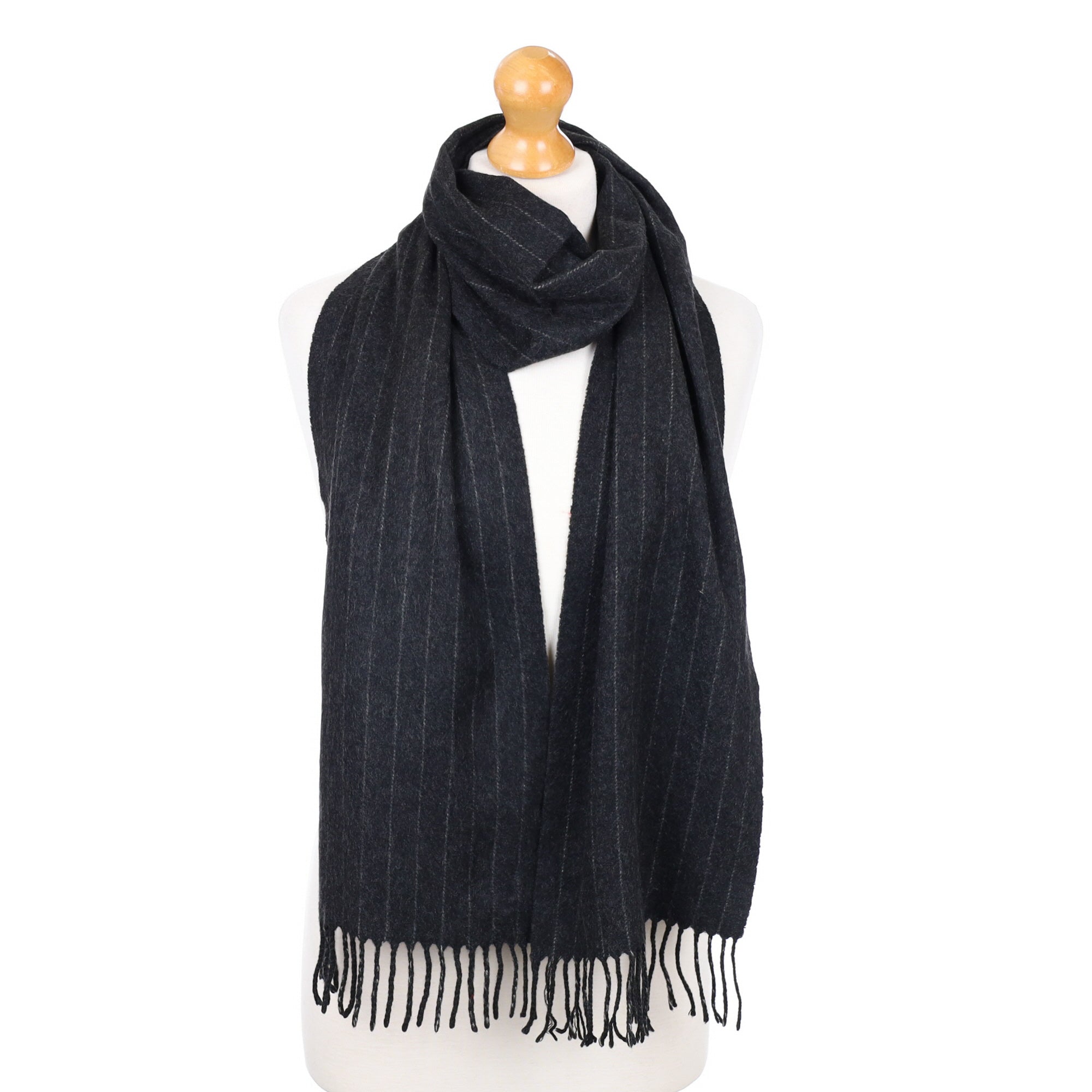 Charcoal Pin Stripe Fringed Cashmere Woven Scarf