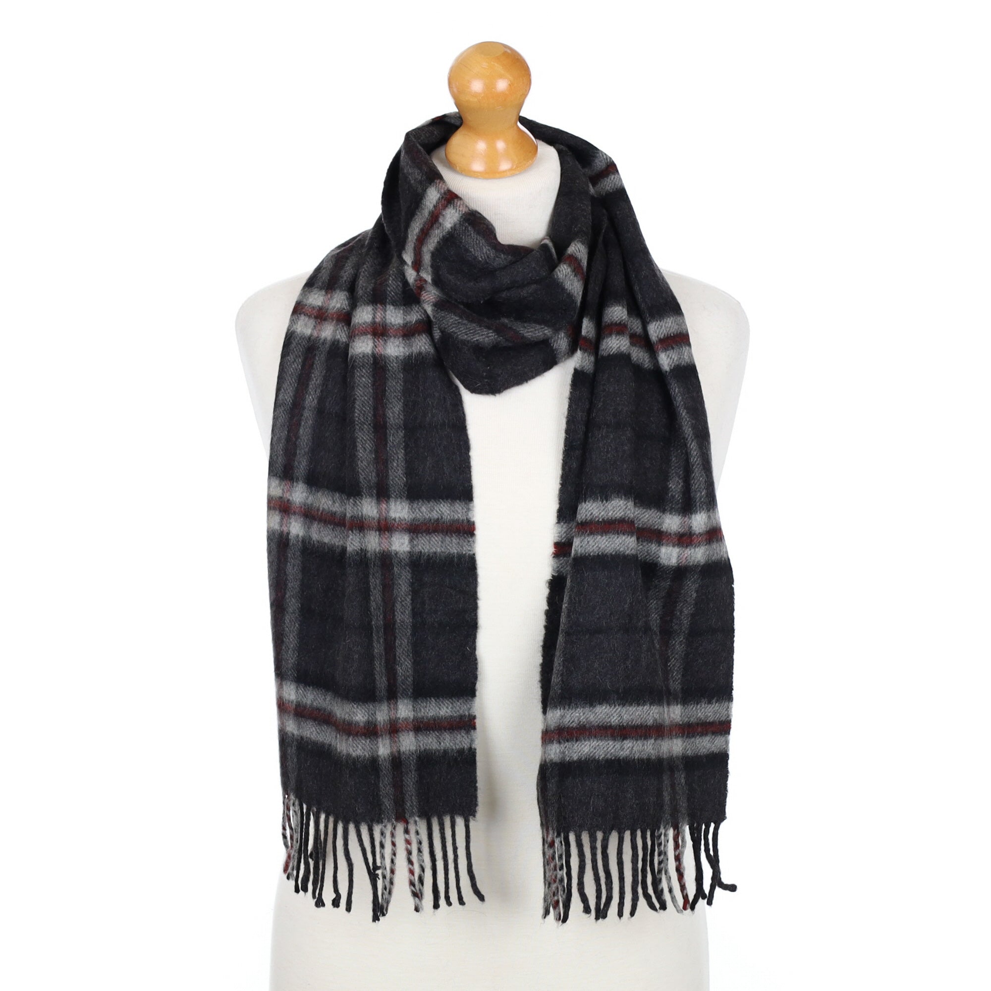 Charcoal Grey and Red Checked Fringed Cashmere Woven Scarf