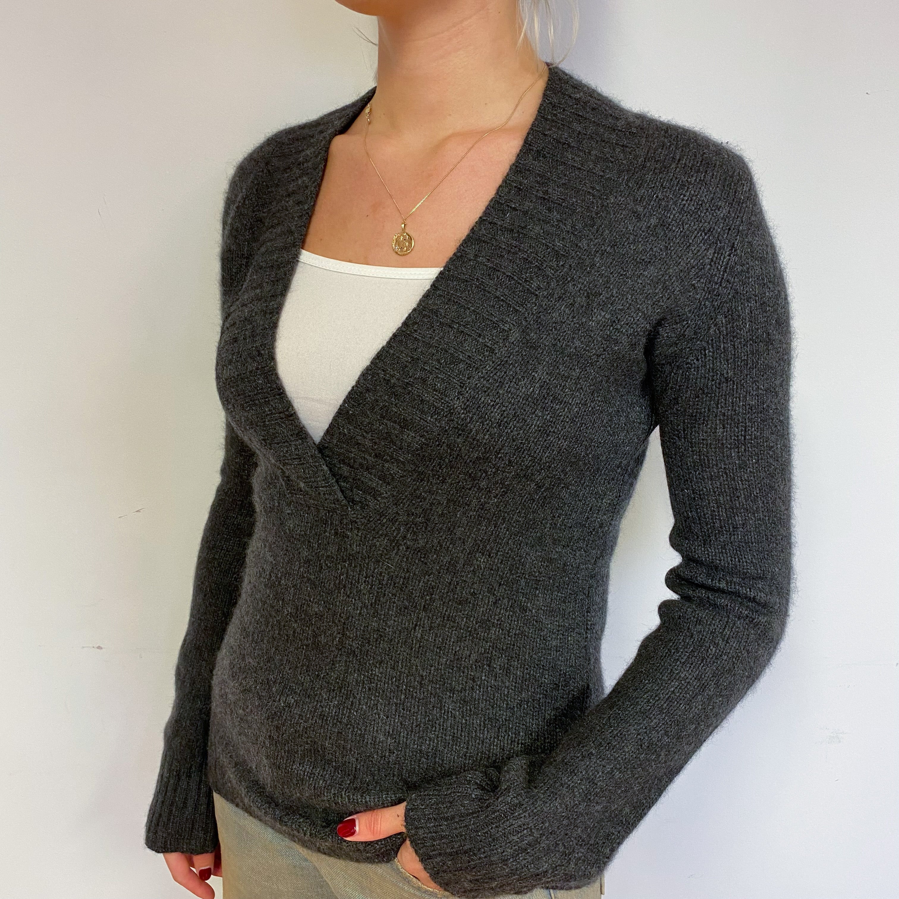 Slate Grey Cashmere Low V-Neck Jumper Small