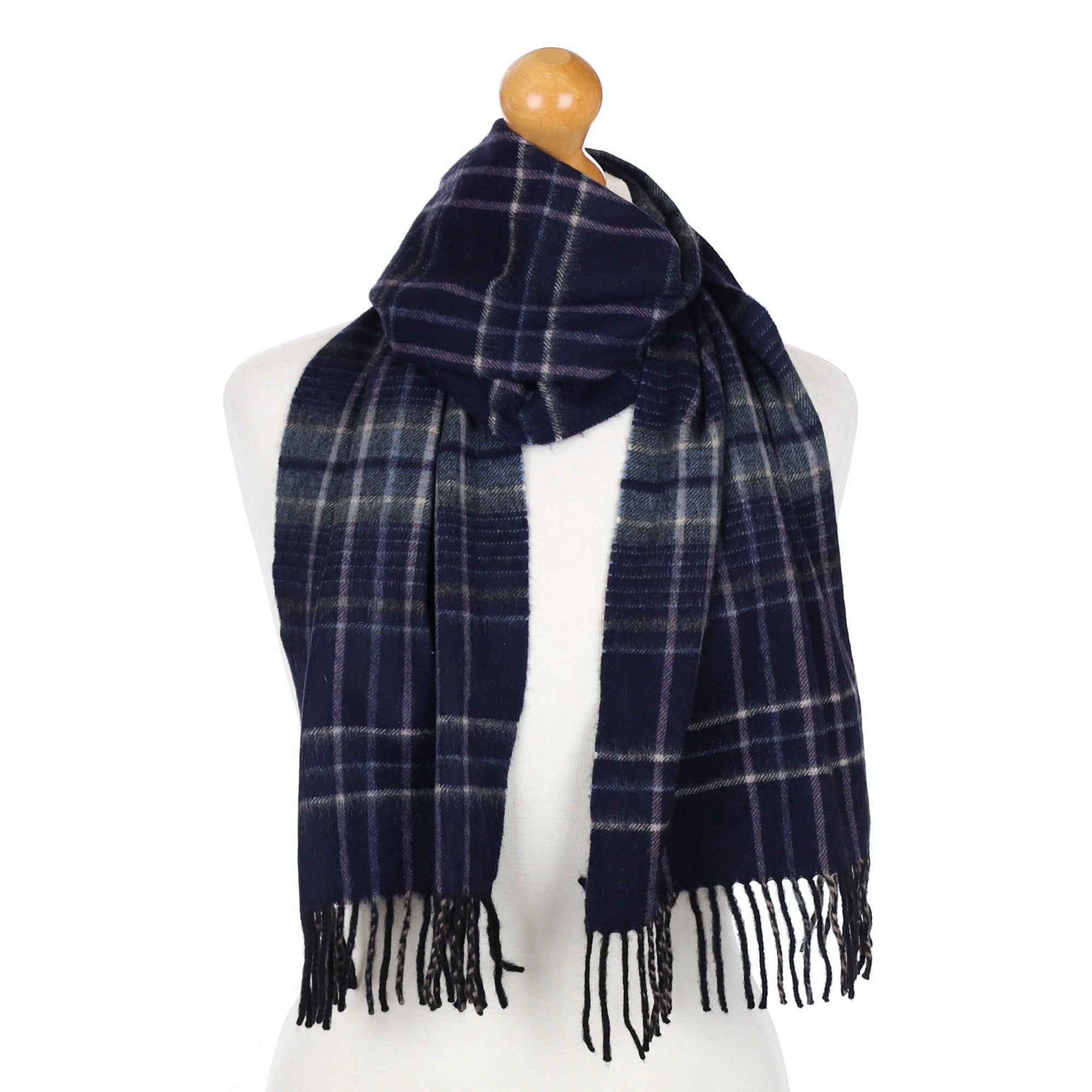 Navy and Blue Checked Fringed Cashmere Woven Scarf