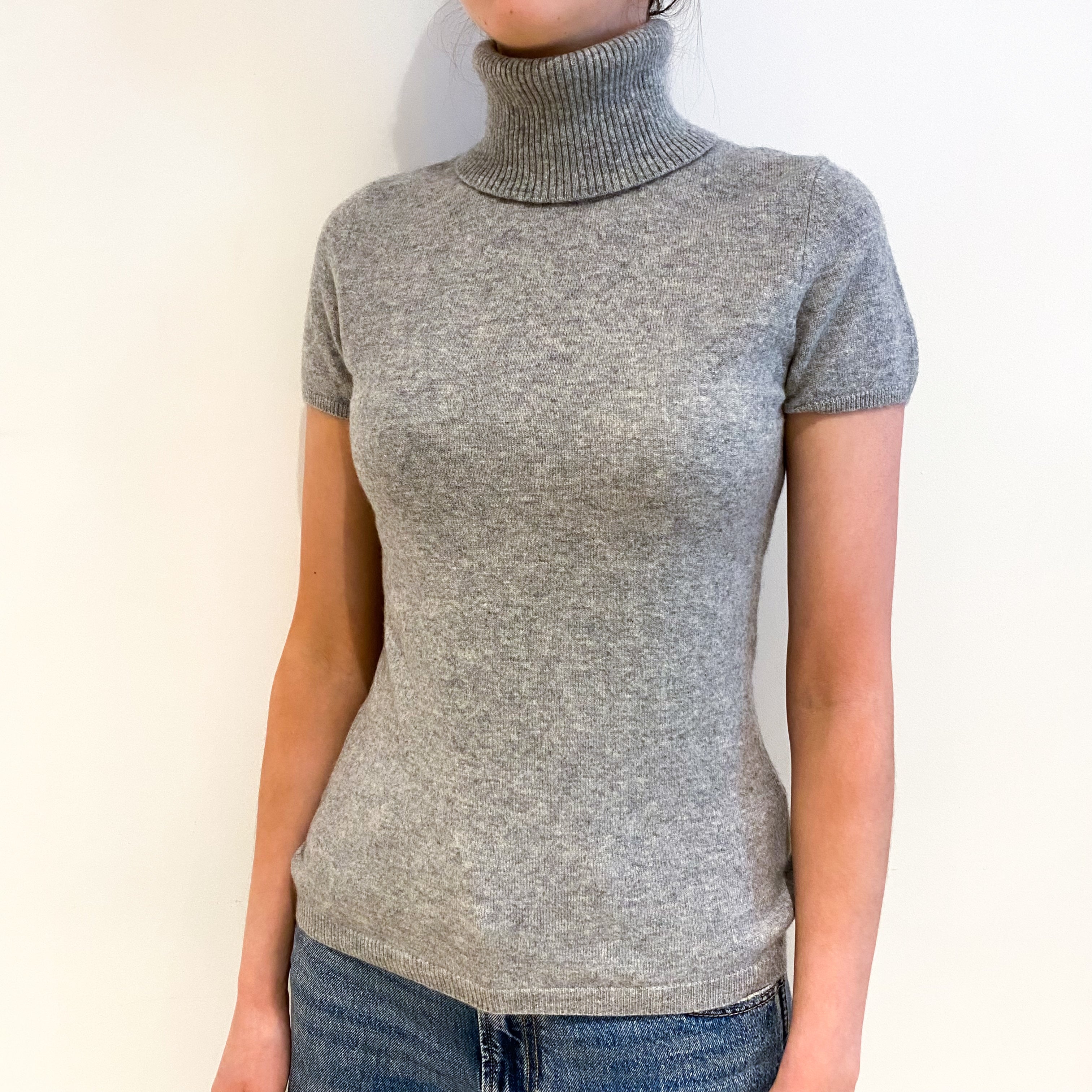 Smoke Grey Cashmere Polo Neck Short Sleeved Jumper Extra Small