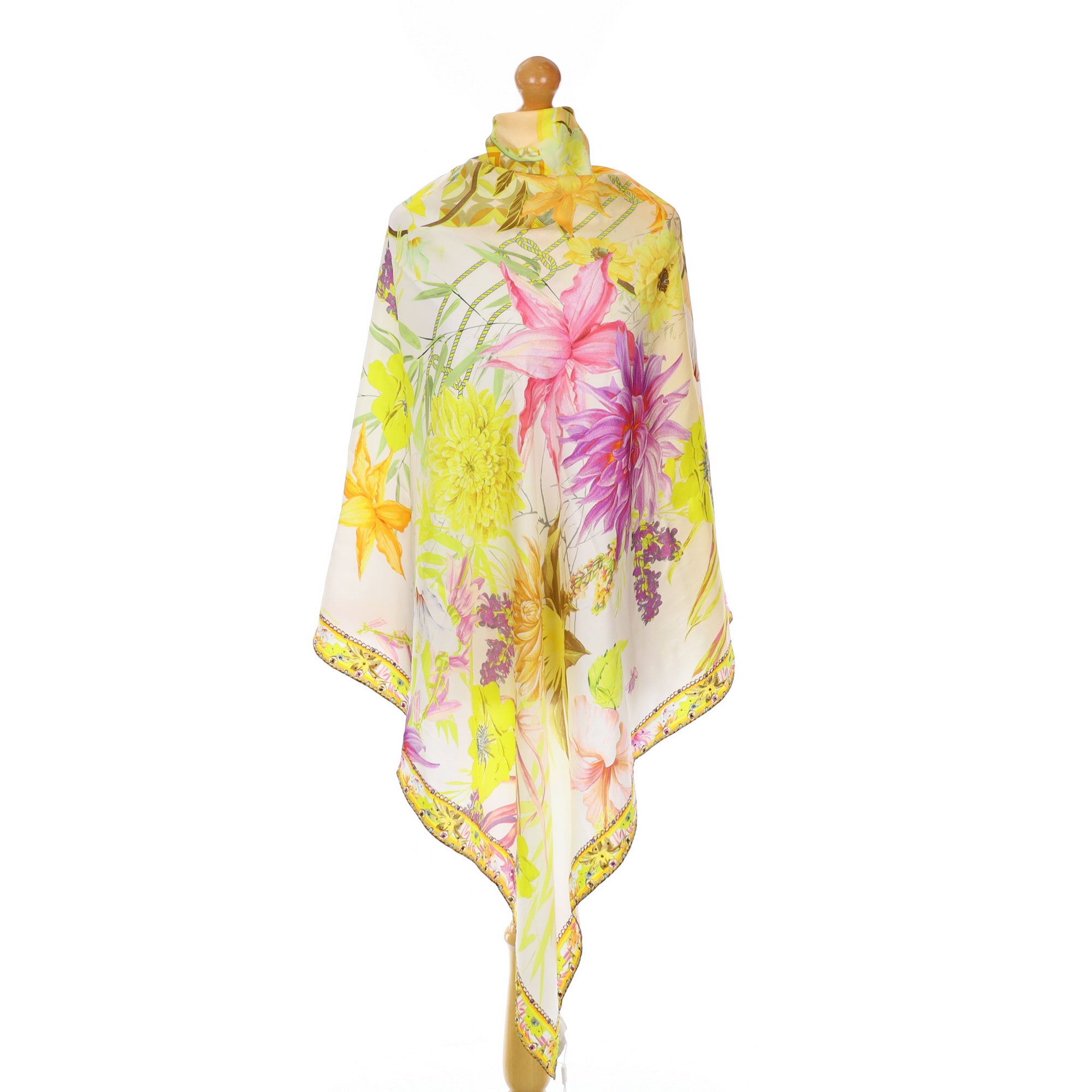 Unworn Bright Botanical Jewelled Silk Scarf