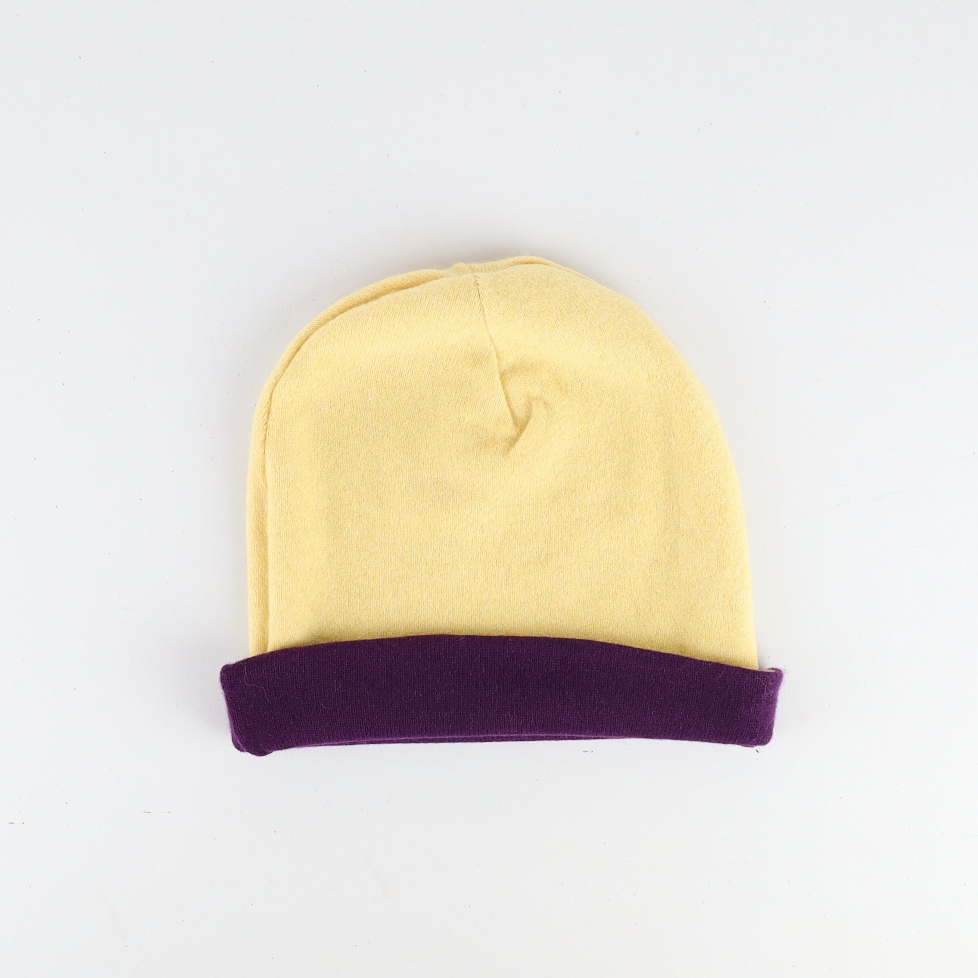 Aubergine Purple and Yellow Reversible Cashmere Beanie Hat