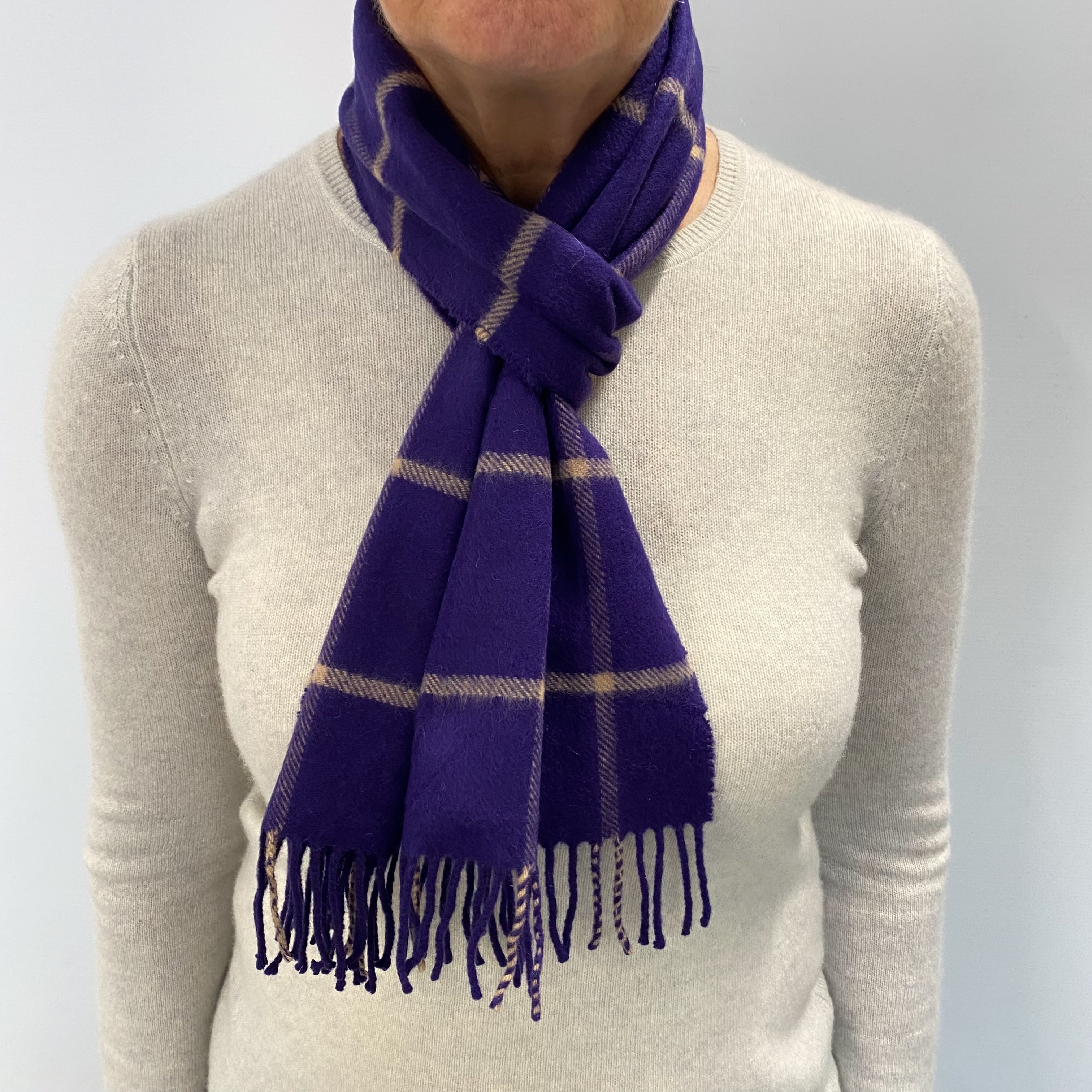 Iris Purple and Beige Checked Cashmere Woven Fringed Scarf