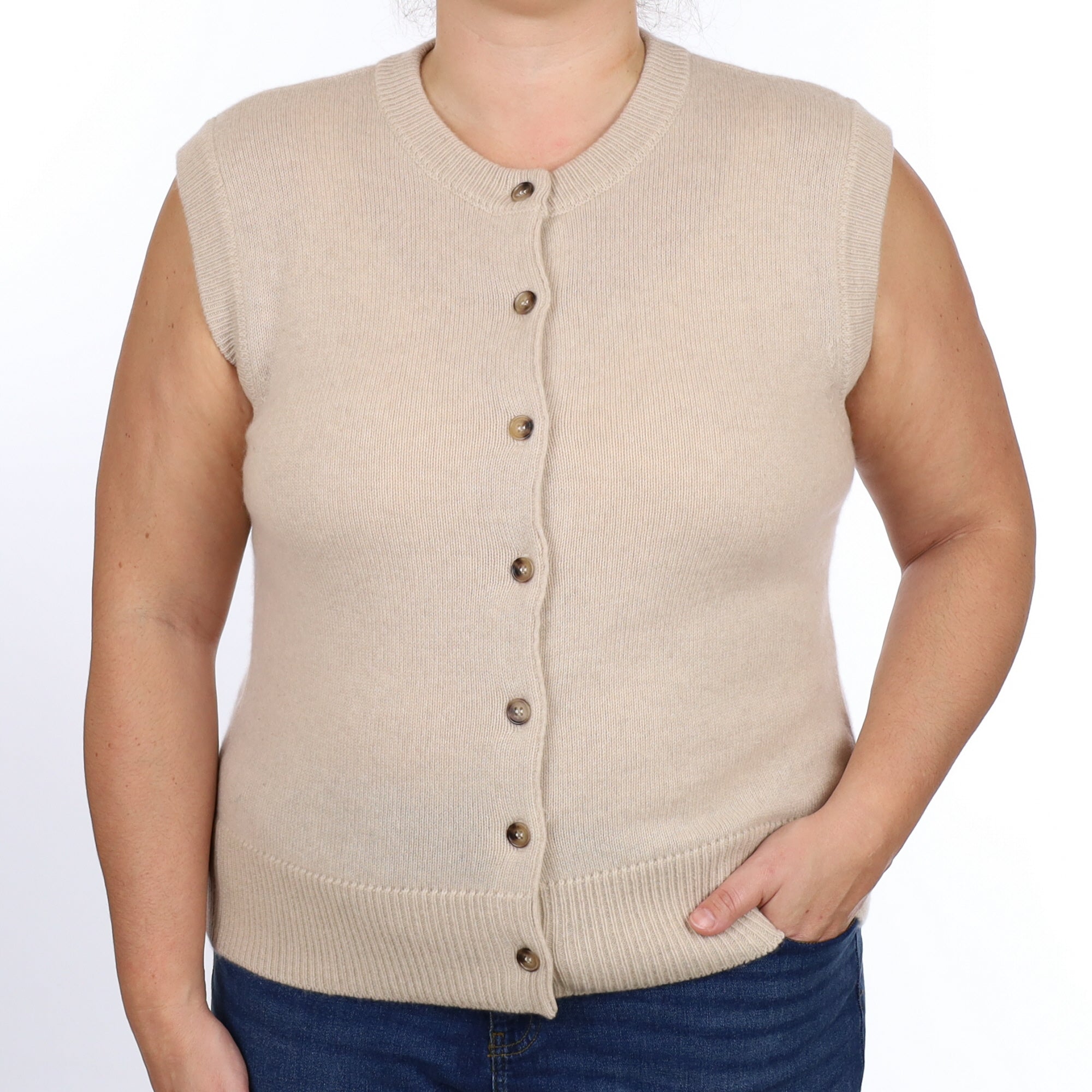 Brand New Oatmeal Luxury Cashmere Crew Neck Waistcoat Large UK 16-18