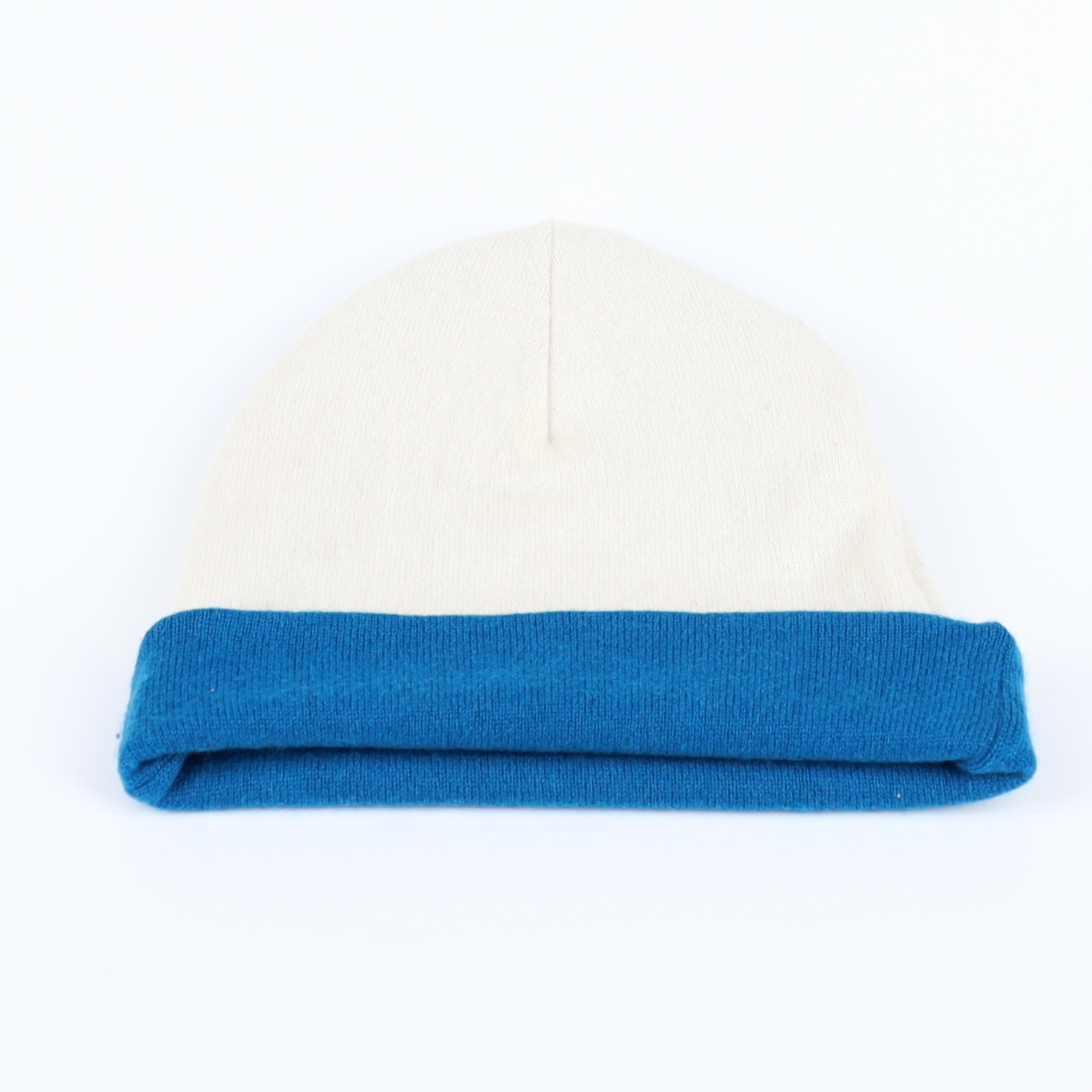 Peacock Blue and Cream Reversible Cashmere Beanie Hat