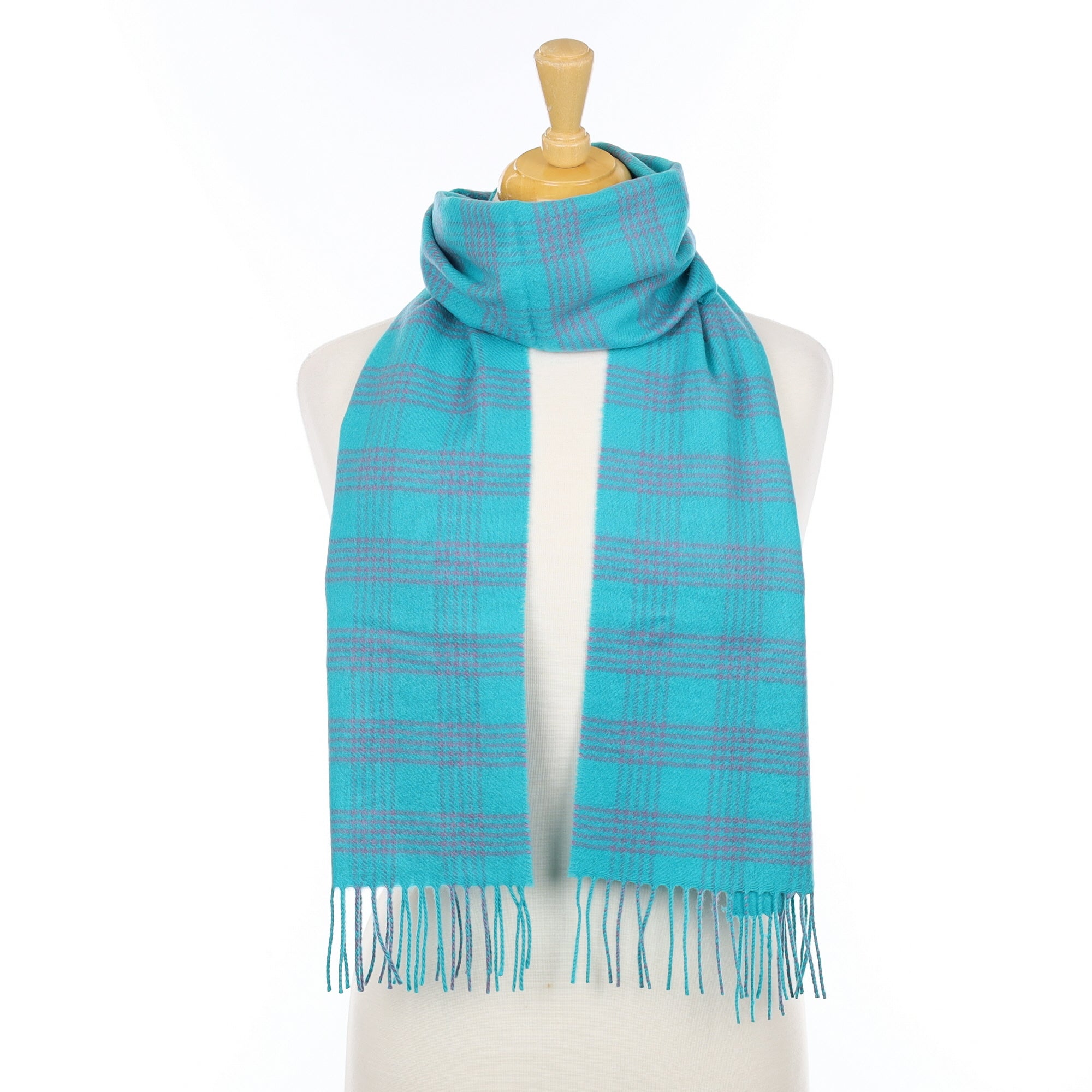 Brand New Scottish Aqua Blue and Pink Checked Cashmere Scarf