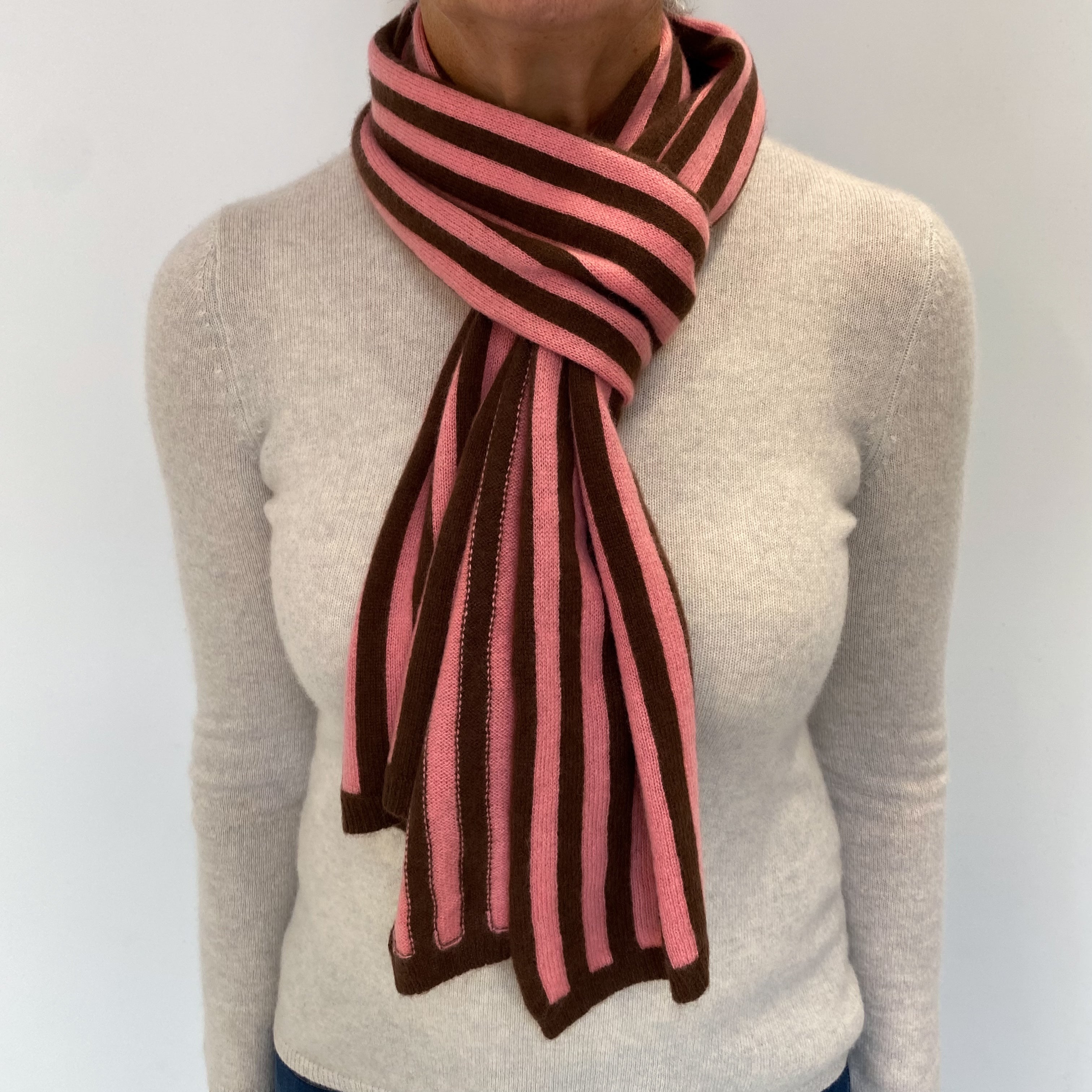 Sugar Mouse Pink and Chocolate Striped Cashmere Woven Scarf