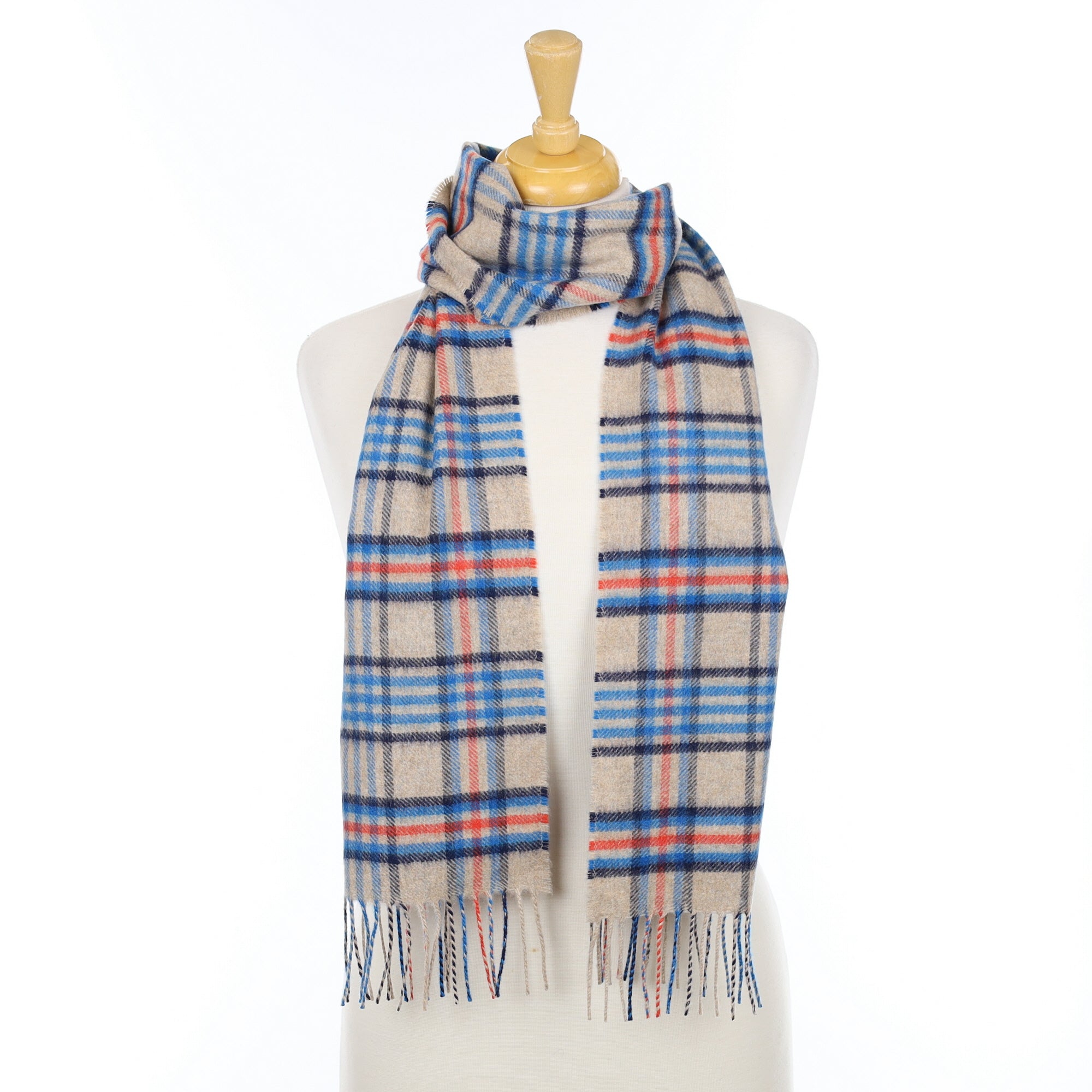 Brand New Scottish Oatmeal and Blue Checked Cashmere Scarf