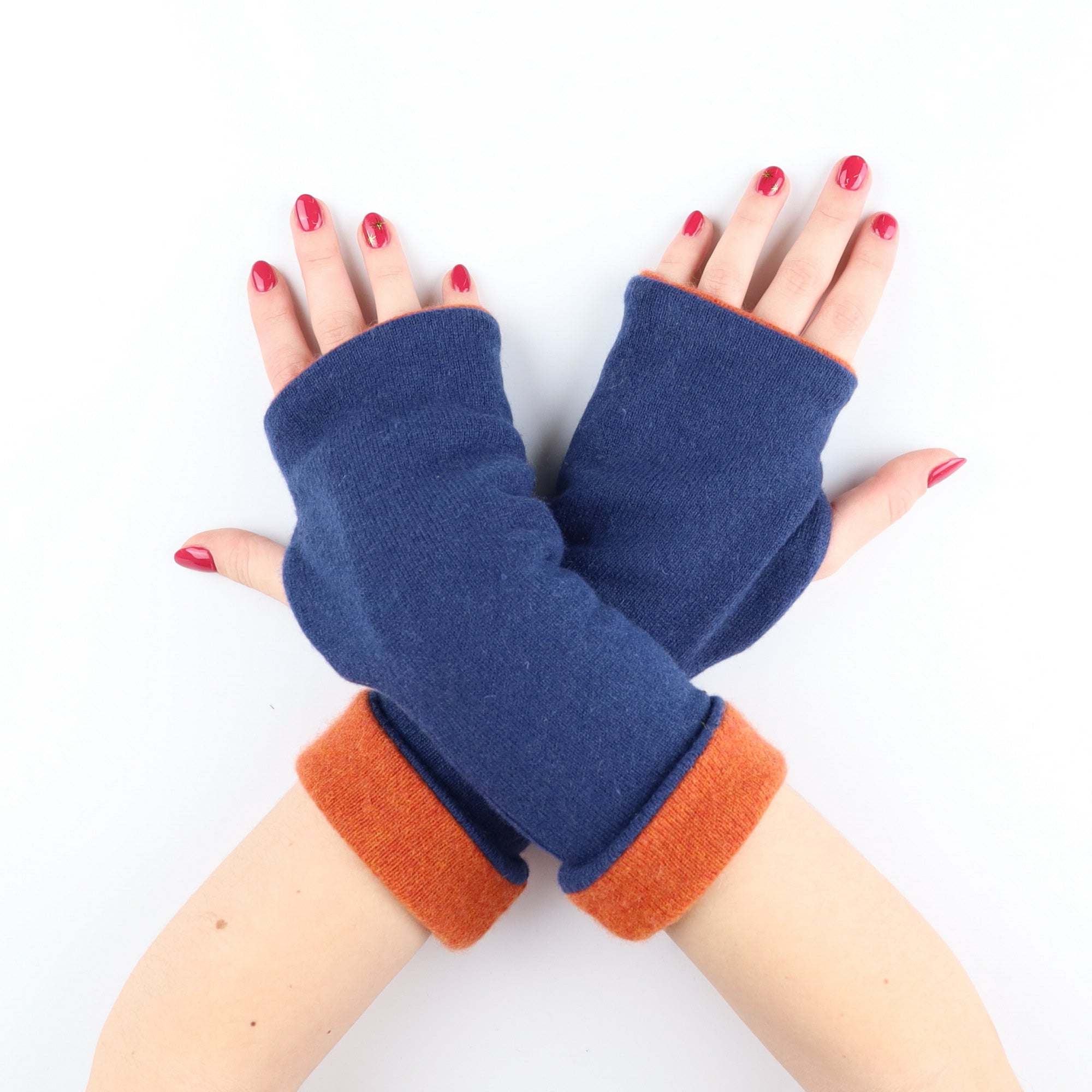 Navy and Burnt Orange Luxury Reversible Cashmere Fingerless Gloves