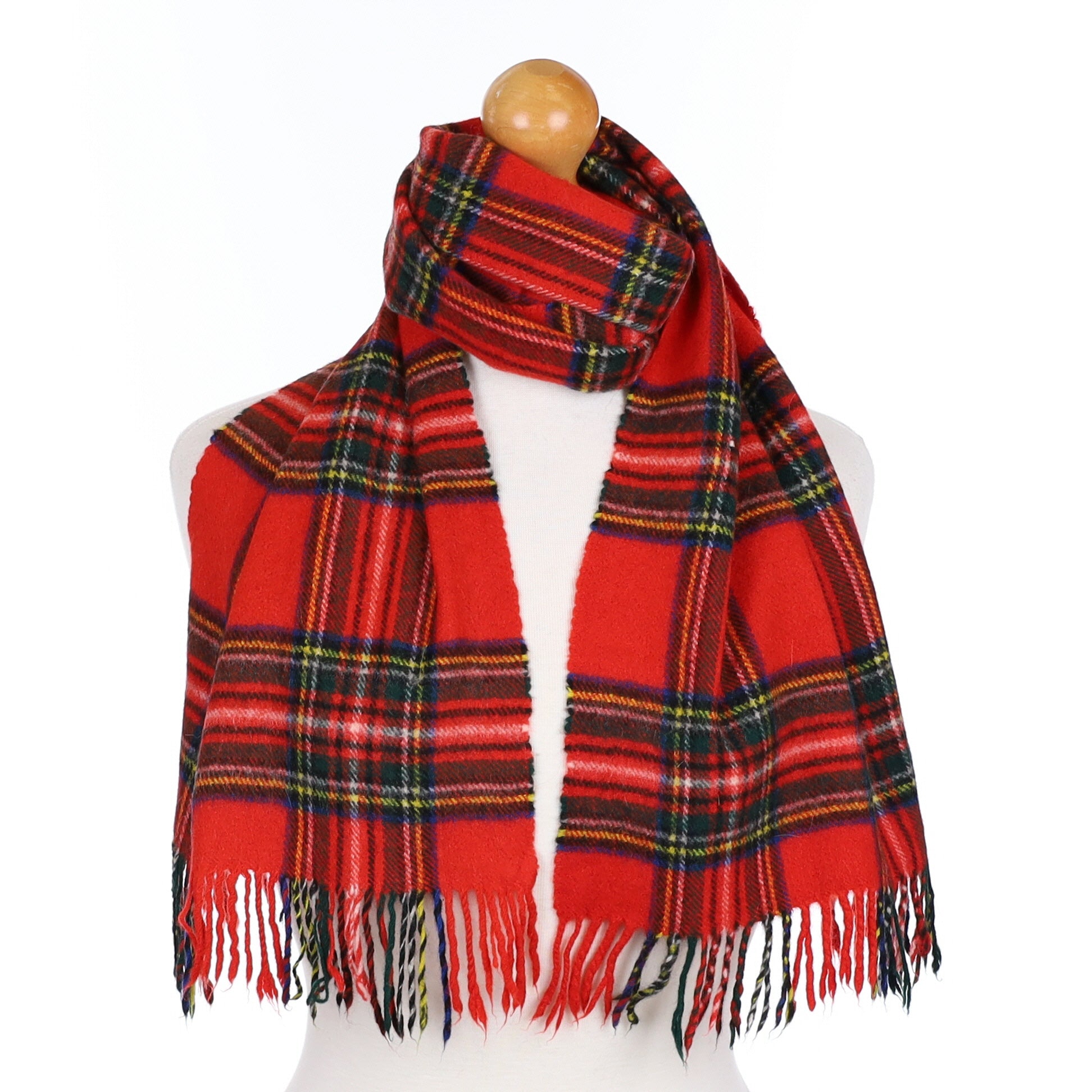 Scarlet Red Tartan Cashmere Fringed Woven Scarf