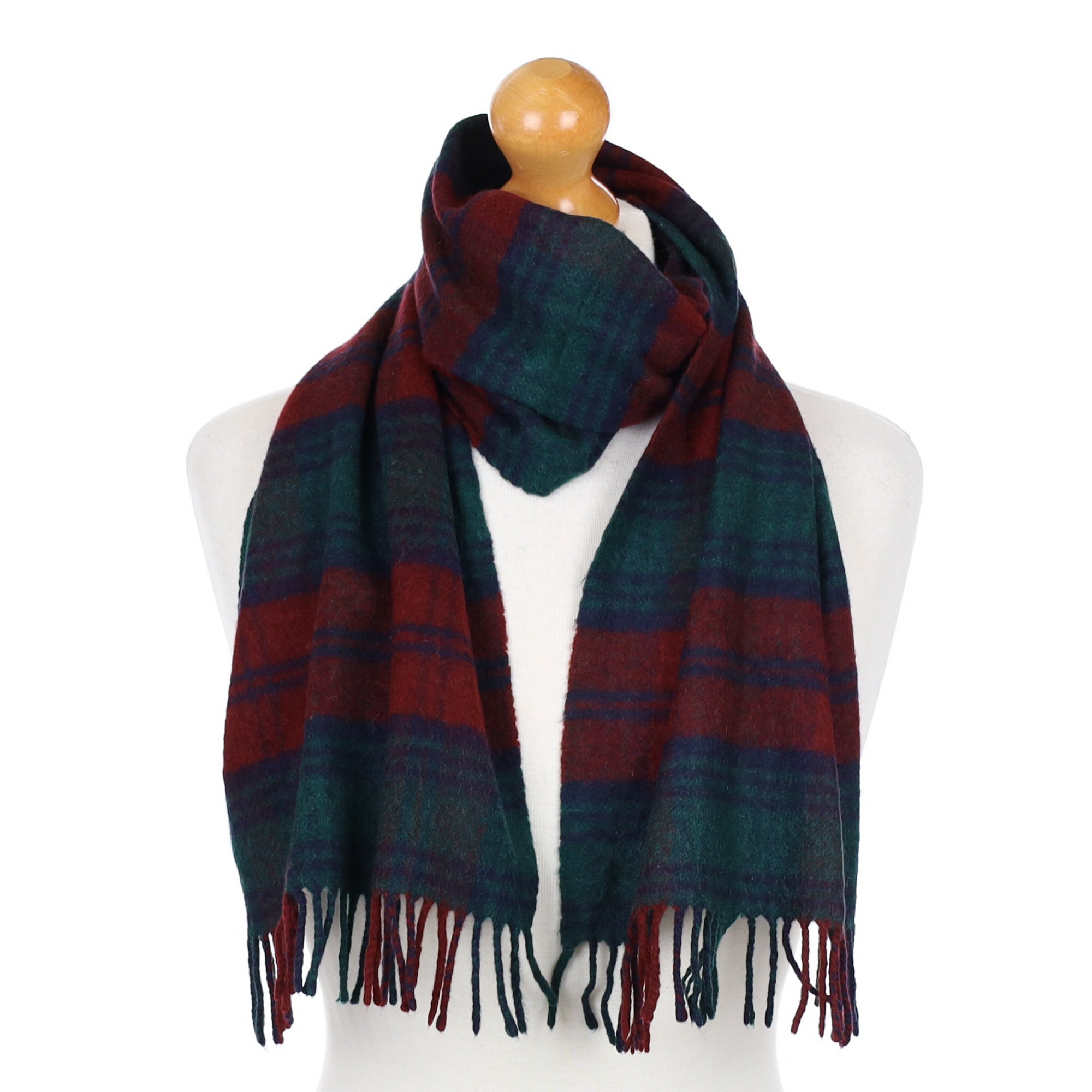 Burgundy and Green Checked Fringed Cashmere Woven Scarf