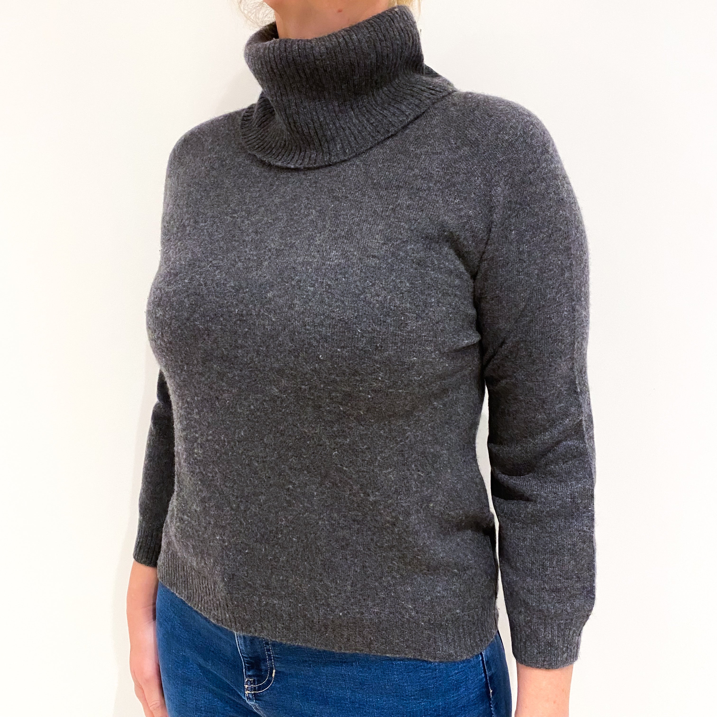 Slate Grey Cashmere Polo Neck Jumper Large