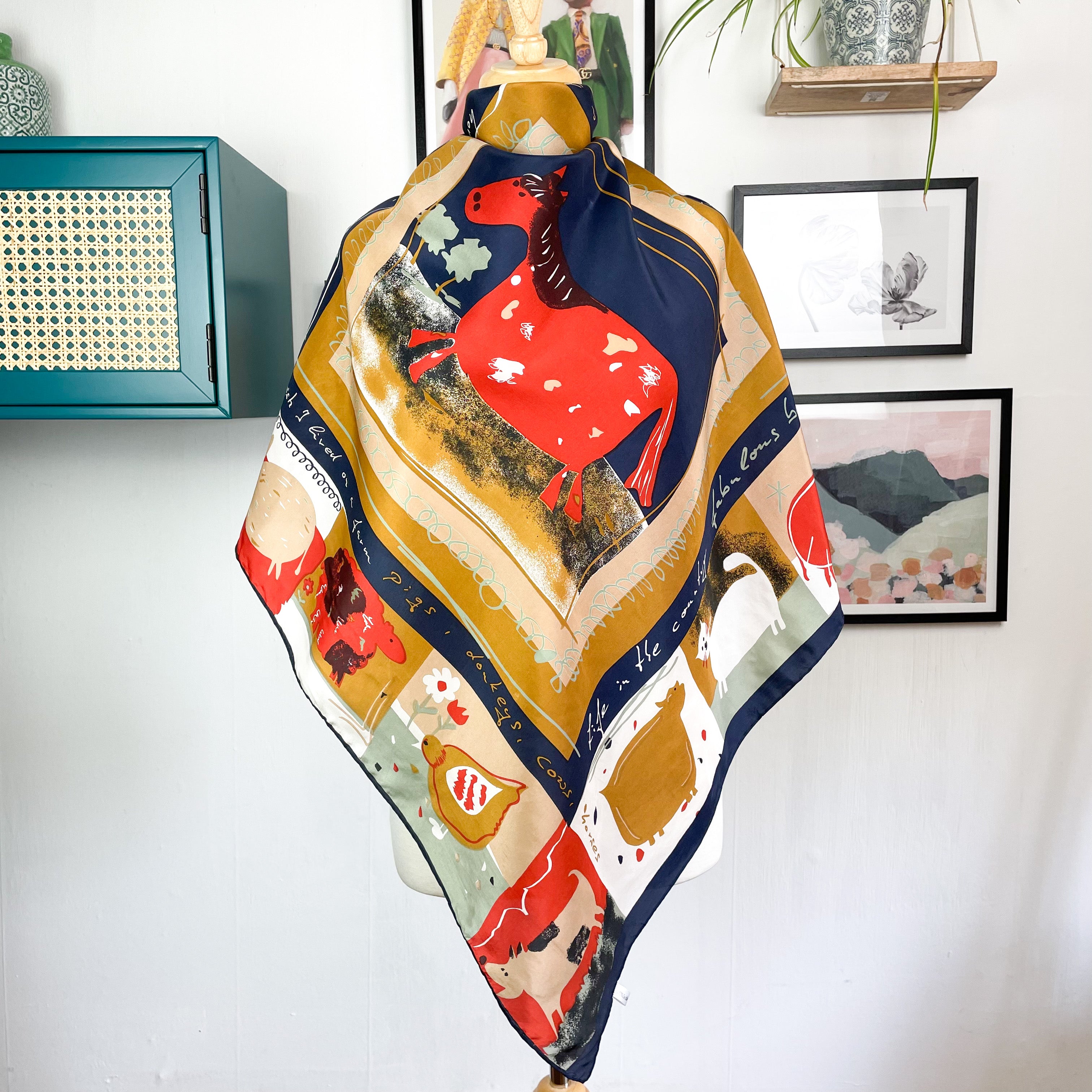 Styalised Animal Design Vintage Silk Scarf