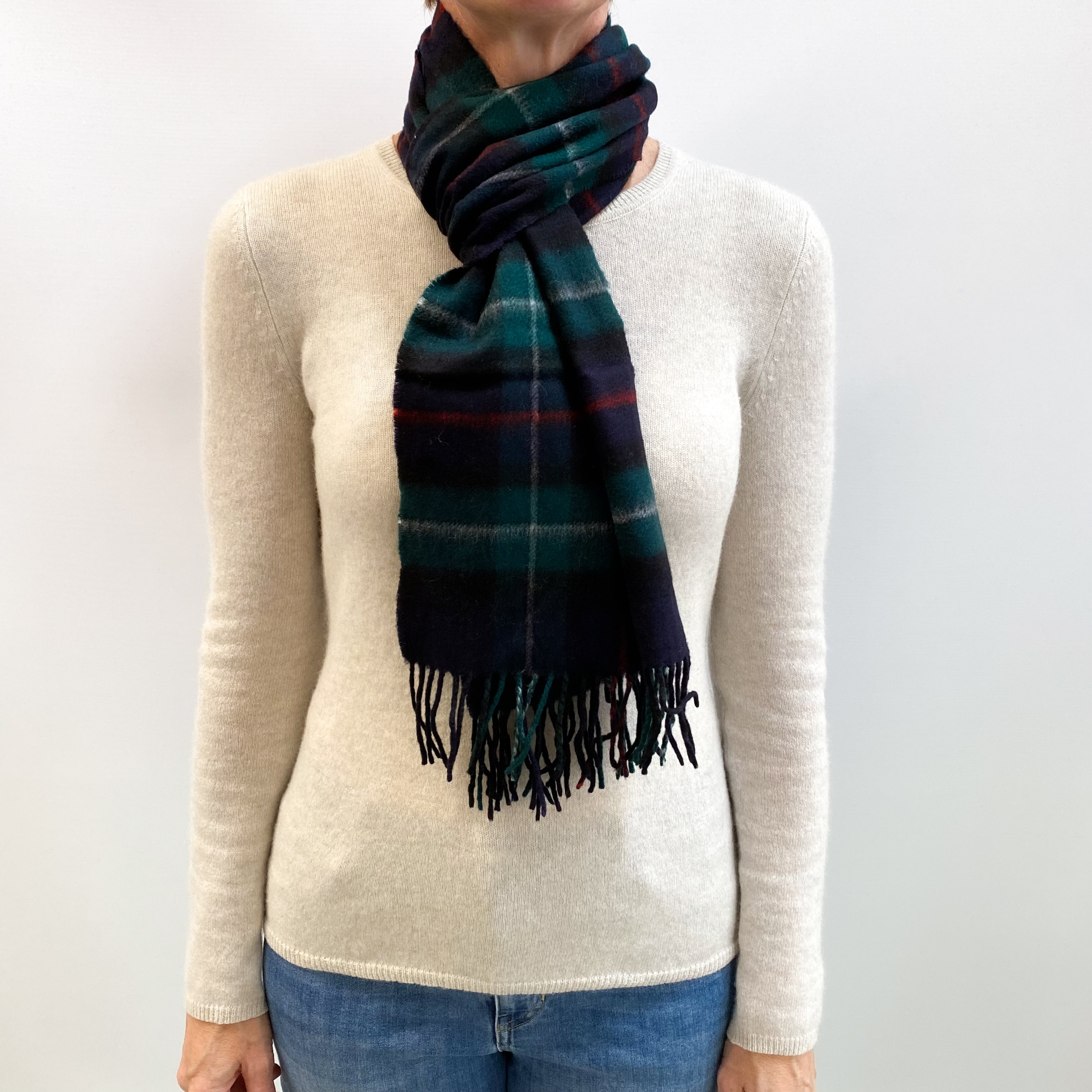 Navy and Green Checked Fringed Cashmere Woven Scarf