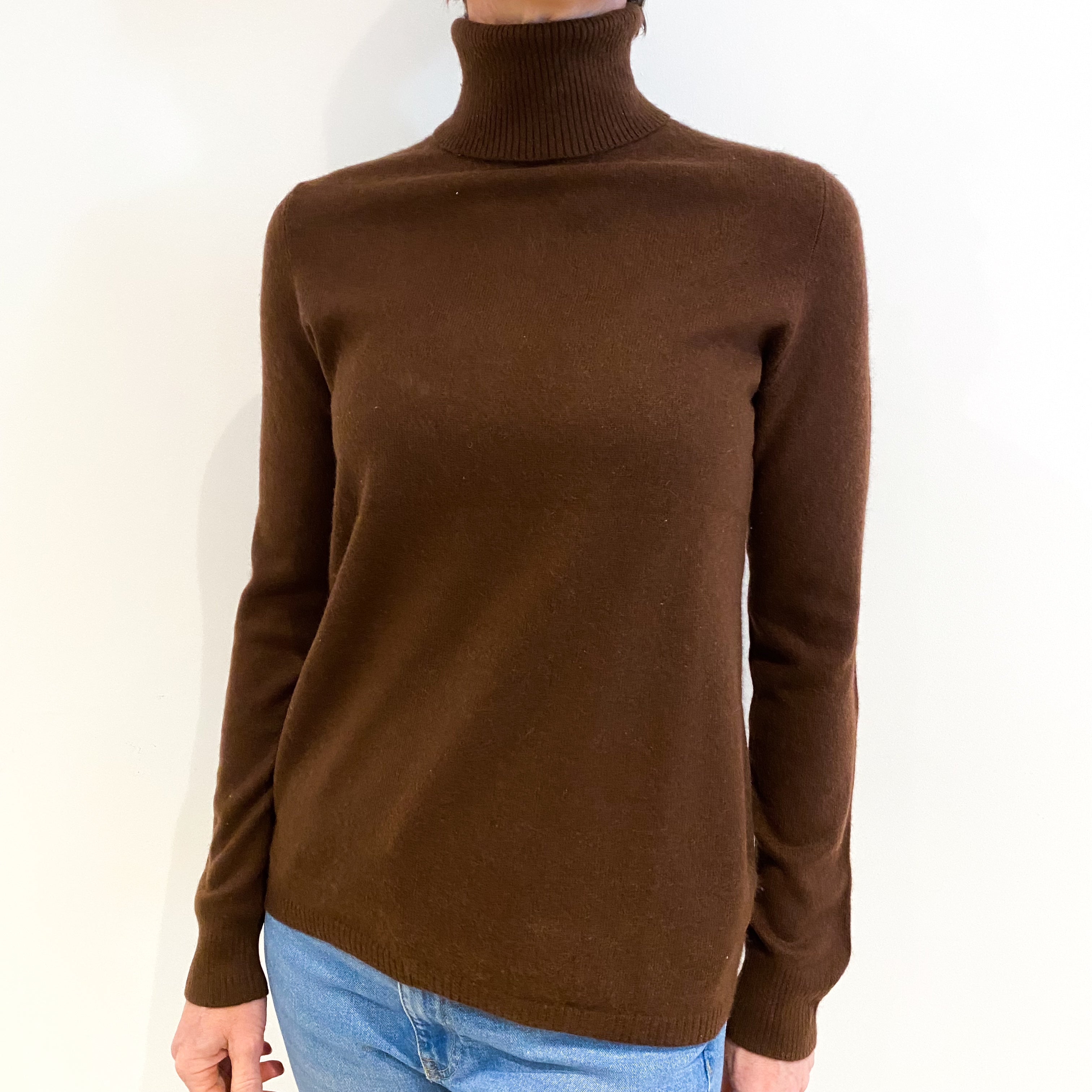 Umber Brown Cashmere Polo Neck Jumper Small