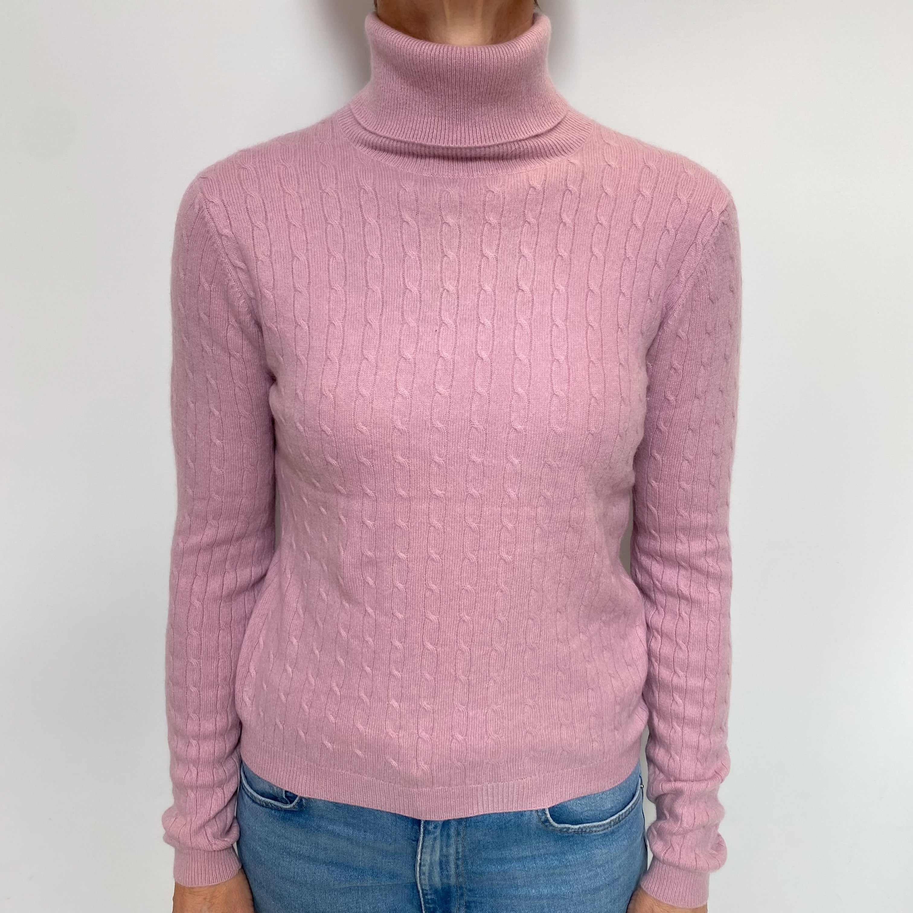 Mauve Pink Cable Cashmere Polo Neck Jumper Small