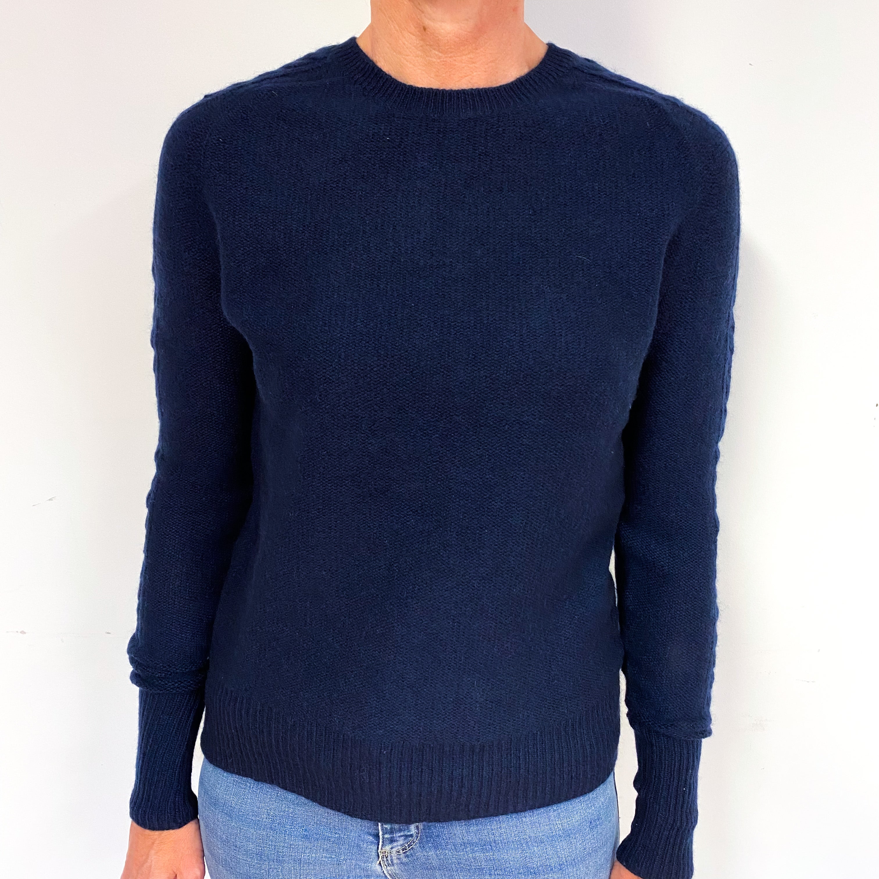 Navy Blue Cable Detail Cashmere Crew Neck Jumper Medium