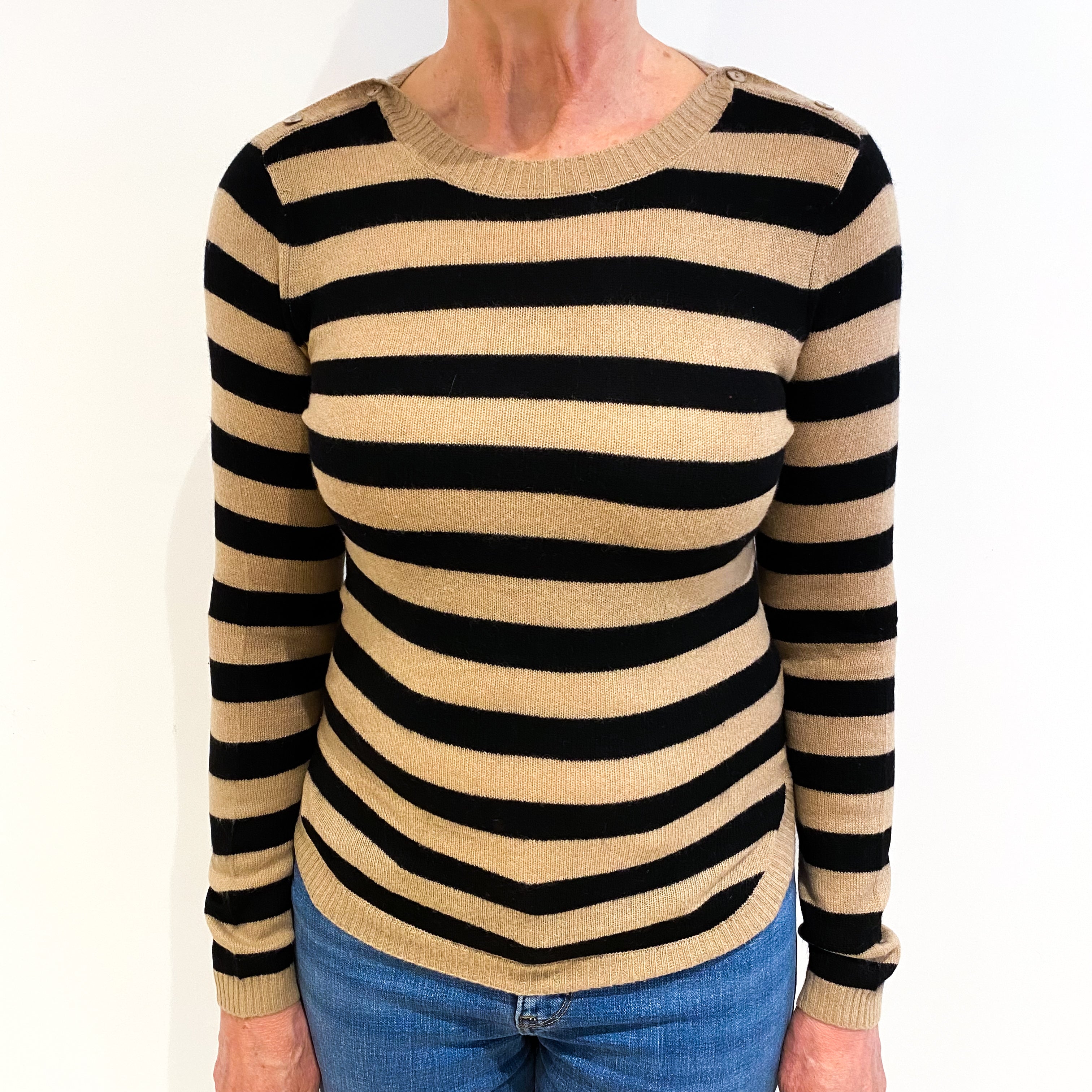 Caramel And Black Stripe Cashmere Crew Neck Jumper Medium