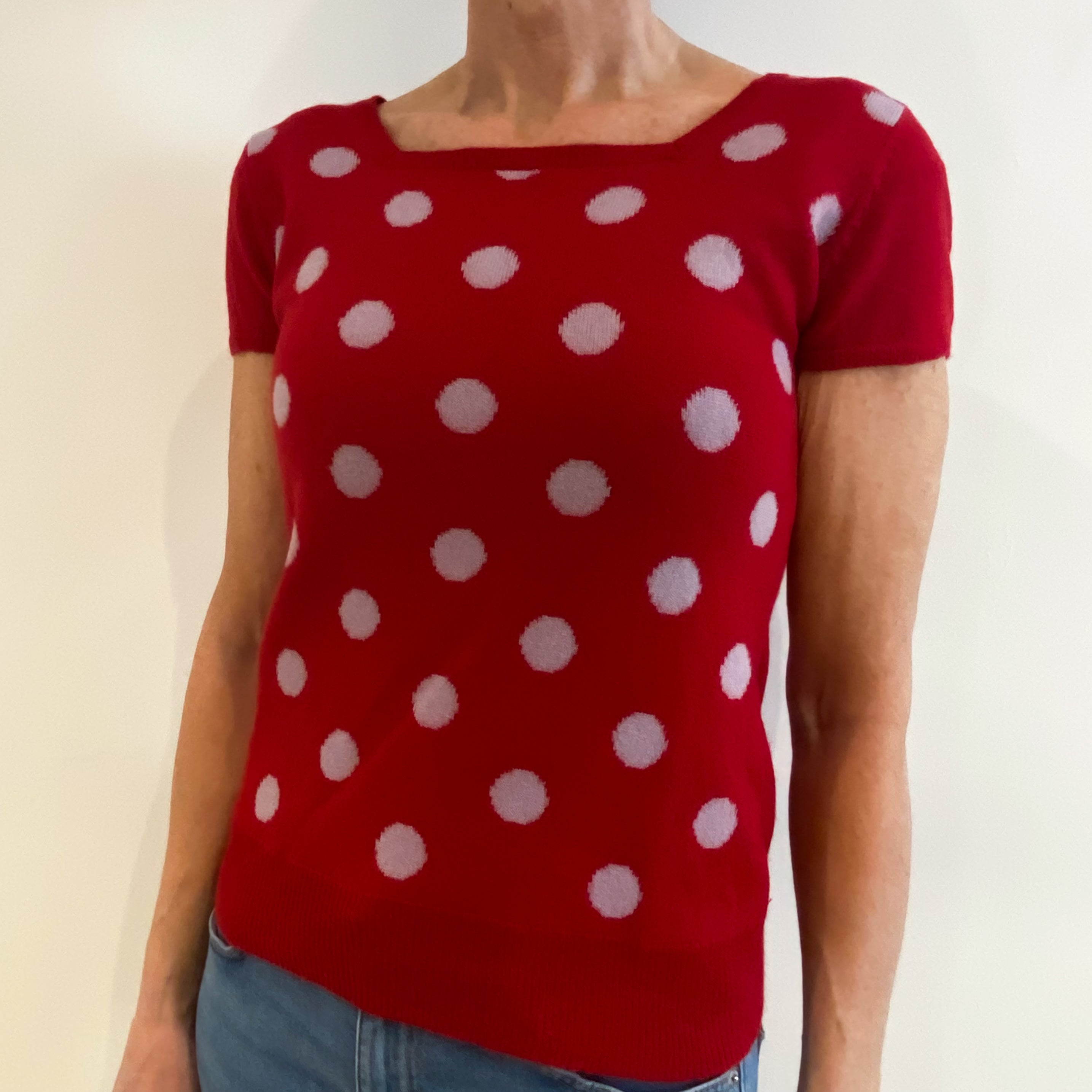 Red Polka Dot Cashmere Short Sleeved Sweet Heart Neck Jumper Small