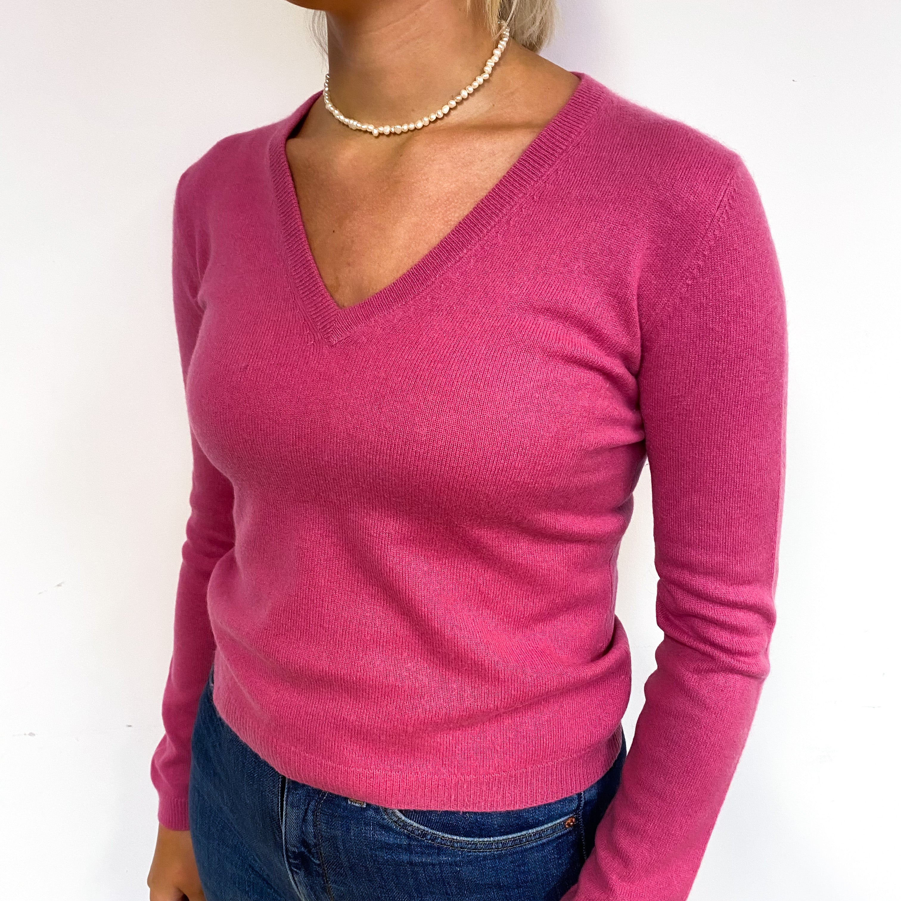 Raspberry Pink Cashmere V-Neck Jumper Small