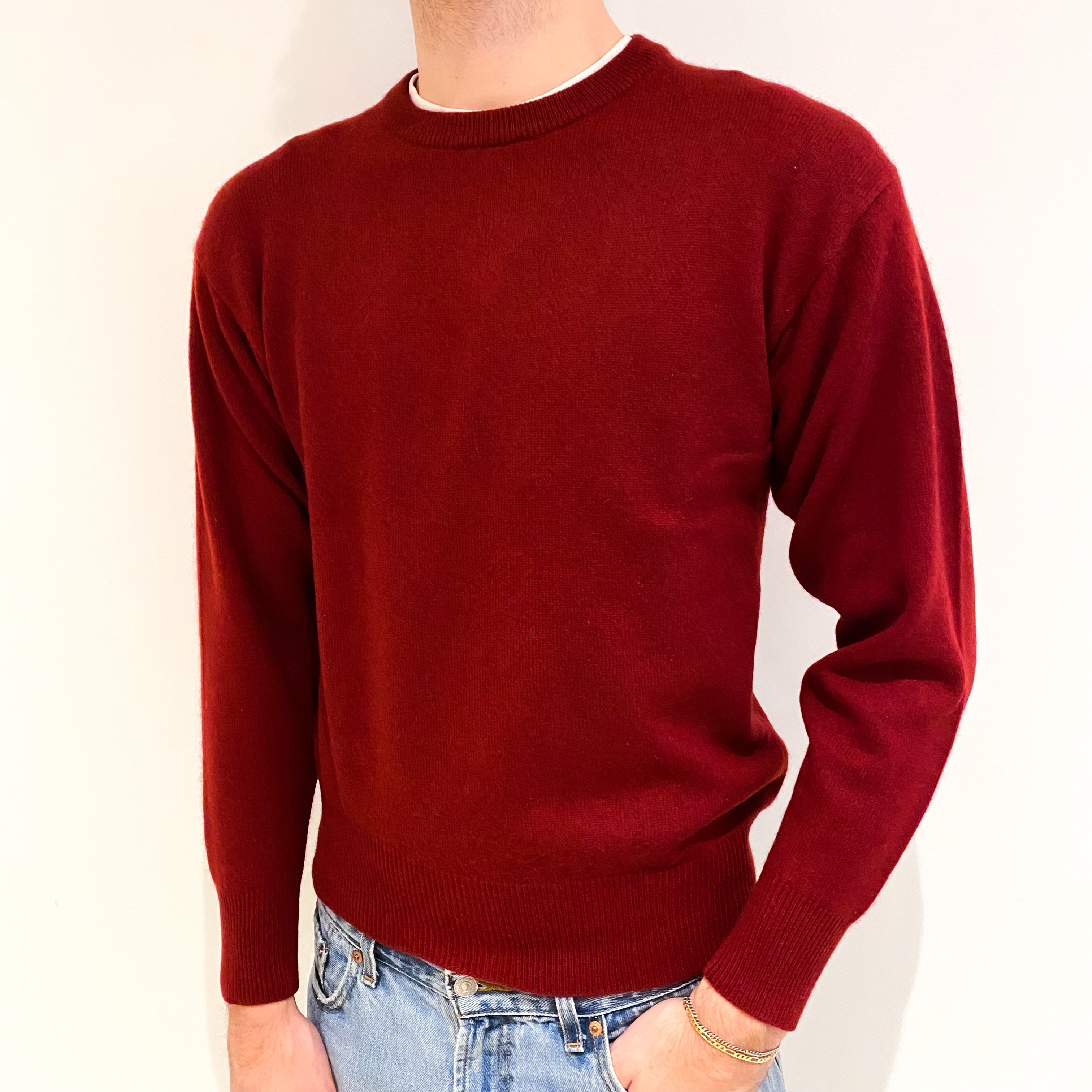 Men's Burgundy Red Cashmere Crew Neck Jumper Medium