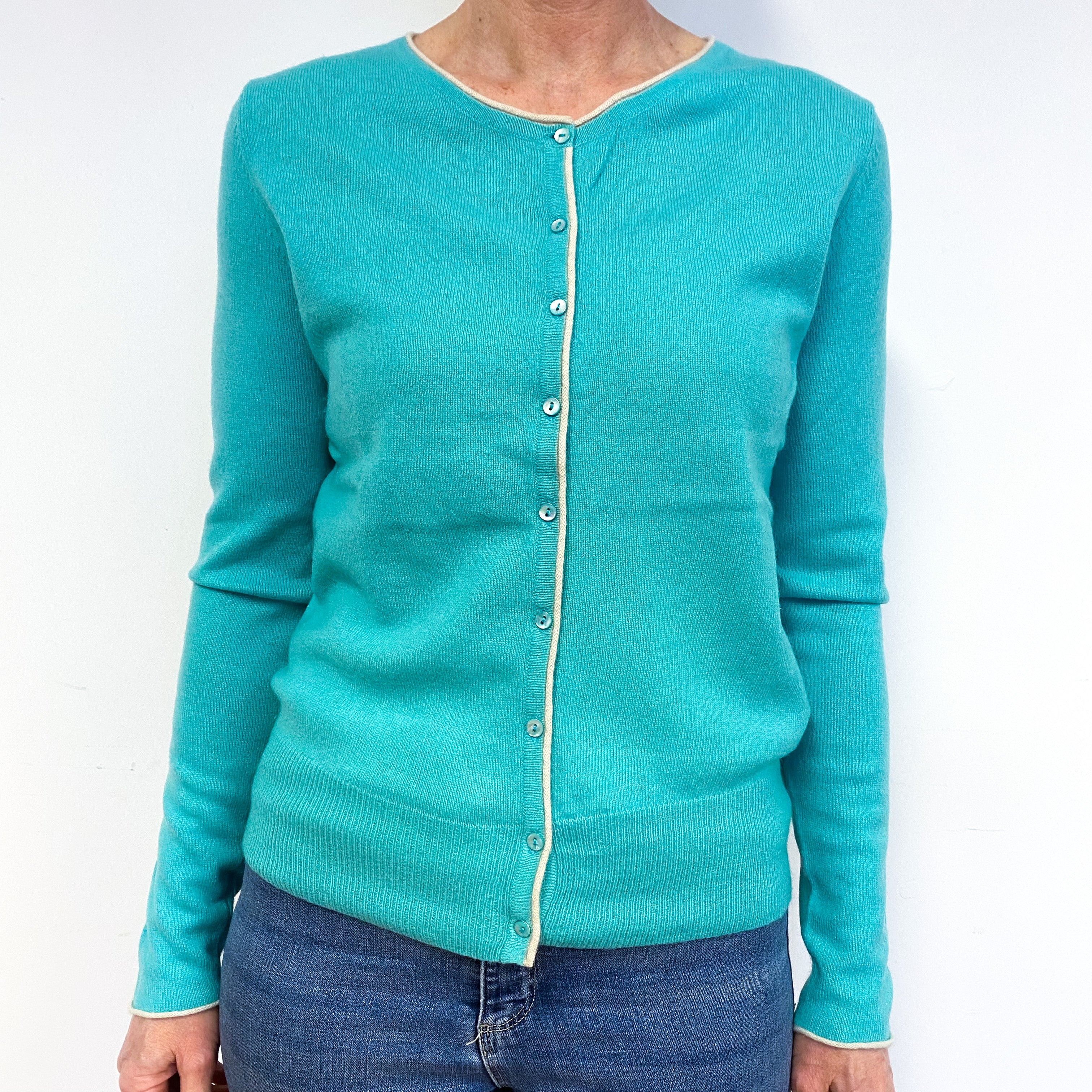 Turquoise Green Cashmere Crew Neck Cardigan Medium