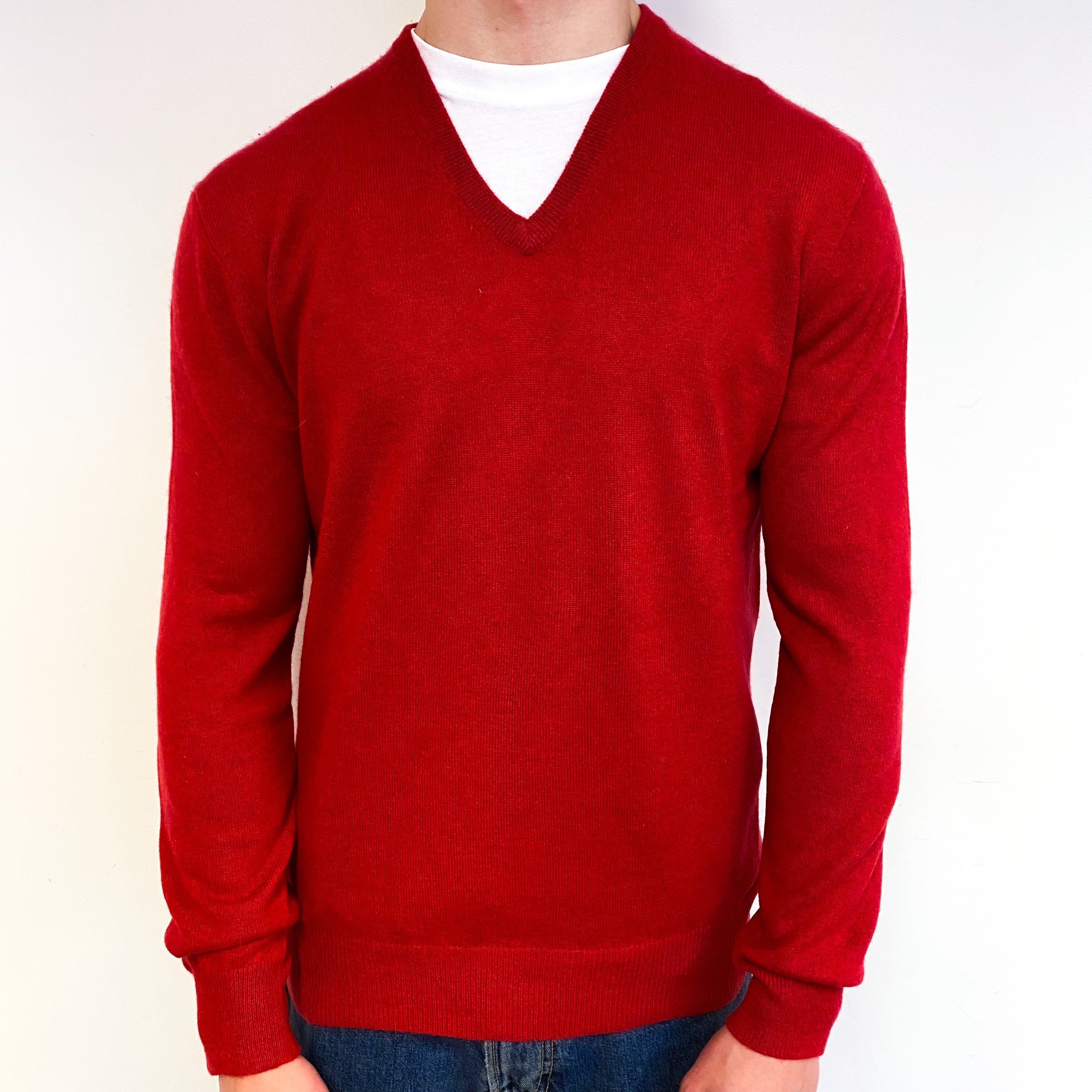 Men's Italian Scarlet Red Cashmere V-Neck Jumper Small