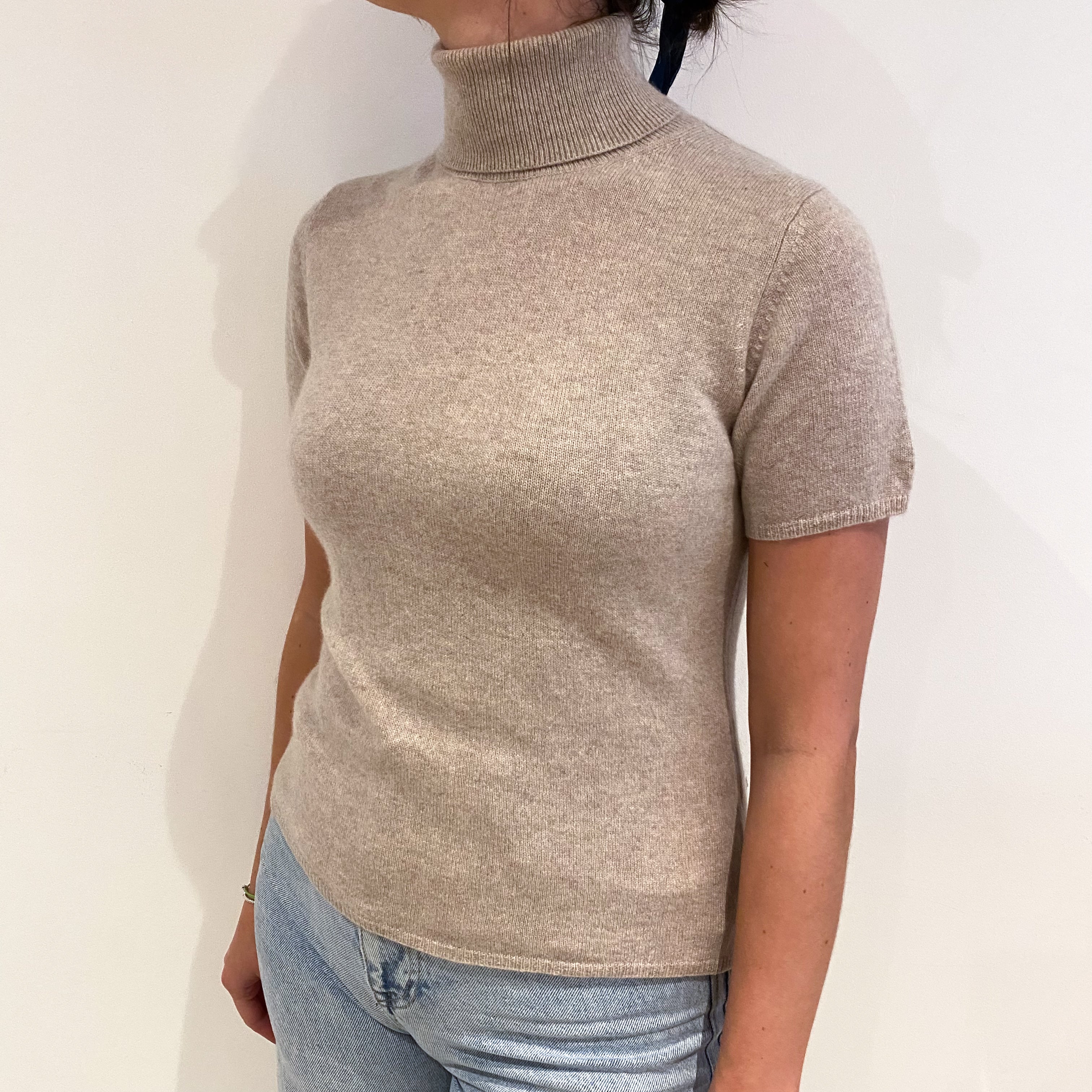 Oatmeal Beige Cashmere Polo Neck Short Sleeved Jumper Small