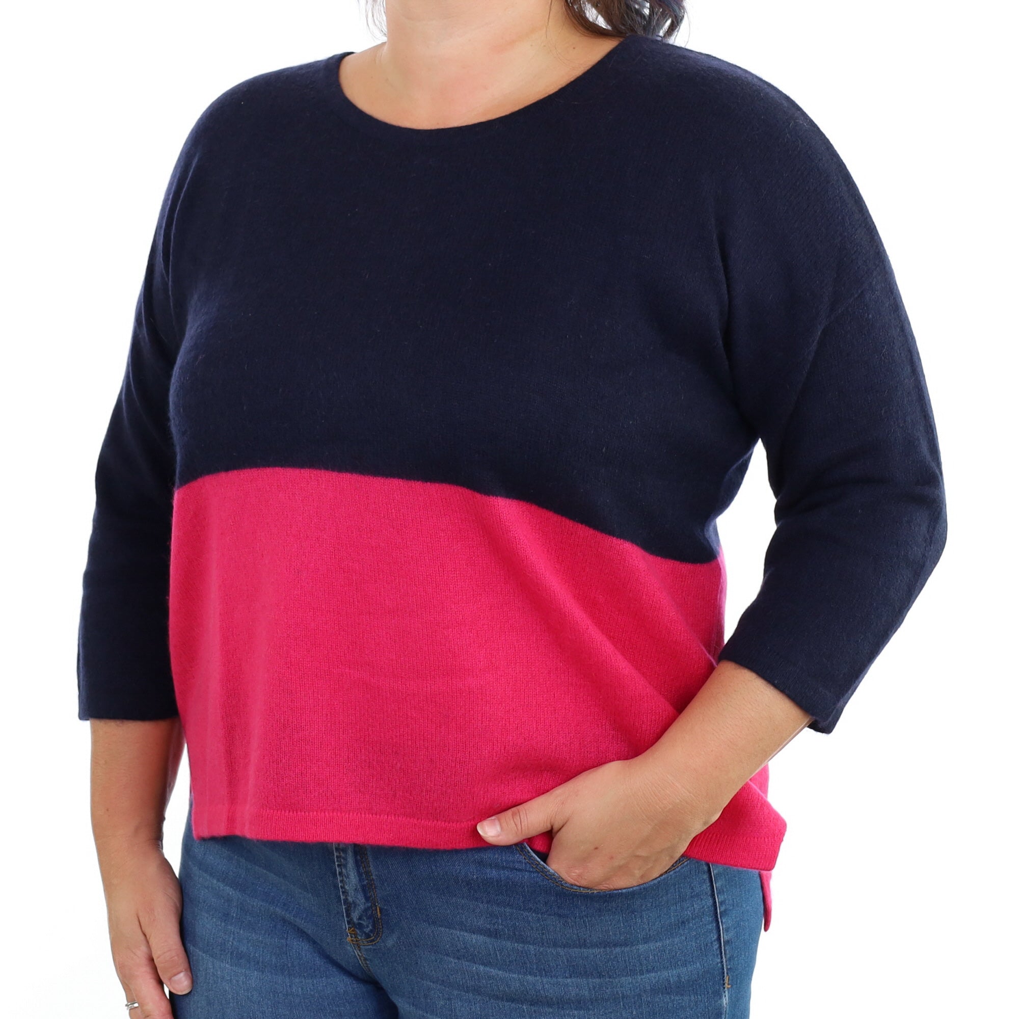 Navy and Hot Pink Cashmere Crew Neck Jumper Large