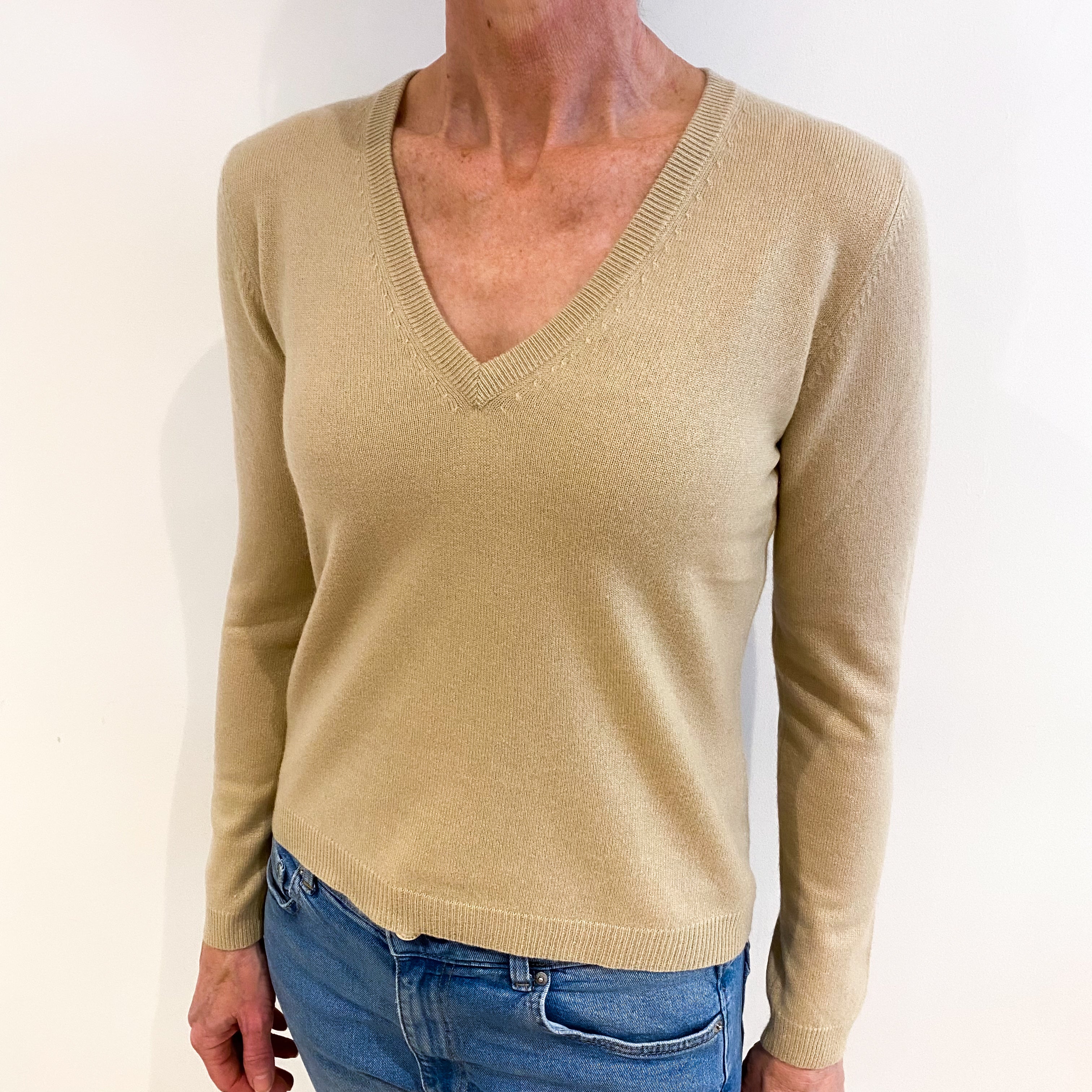 Honey Beige Cashmere V Neck Jumper Small