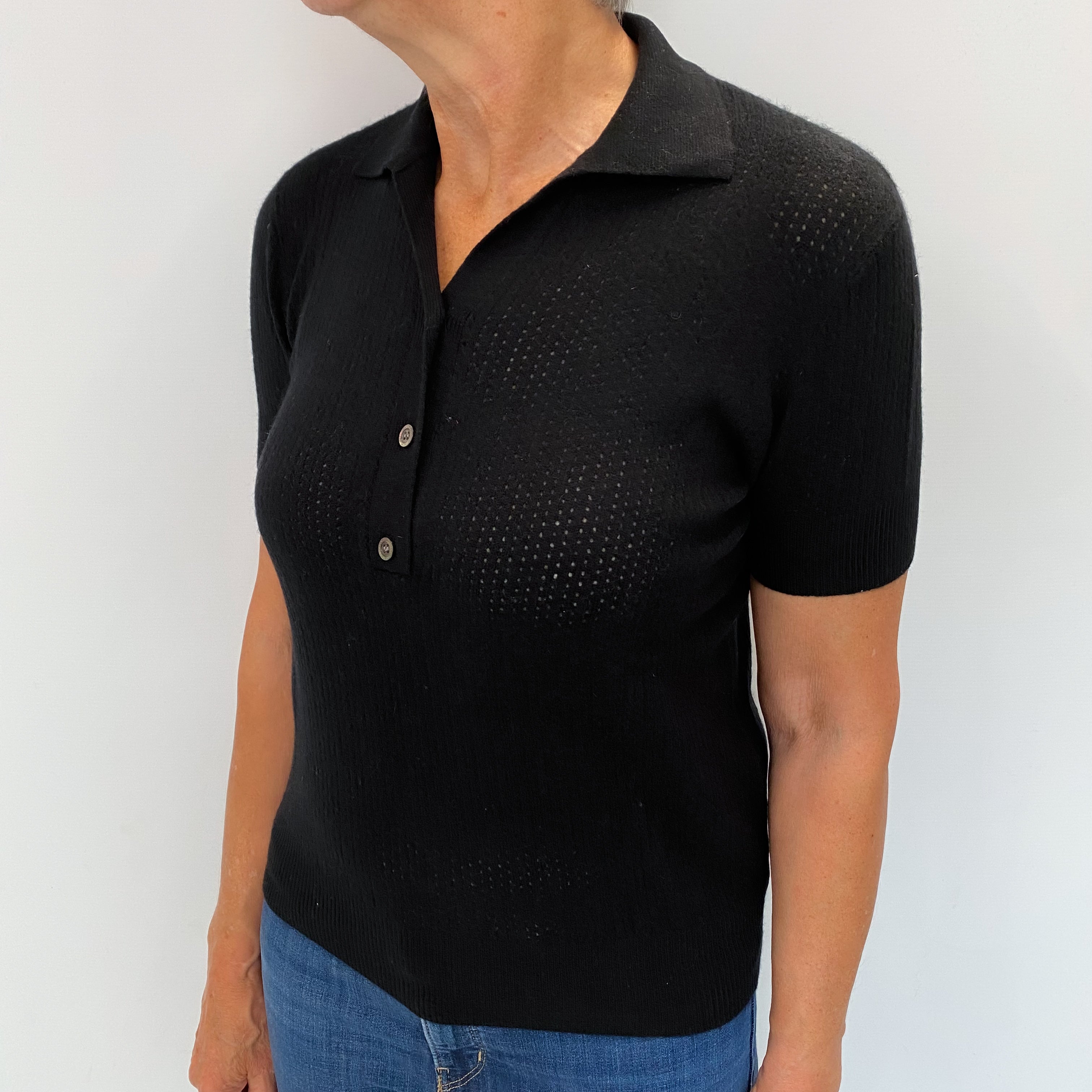 Black Cashmere Collared V Neck Short Sleeved Jumper Medium